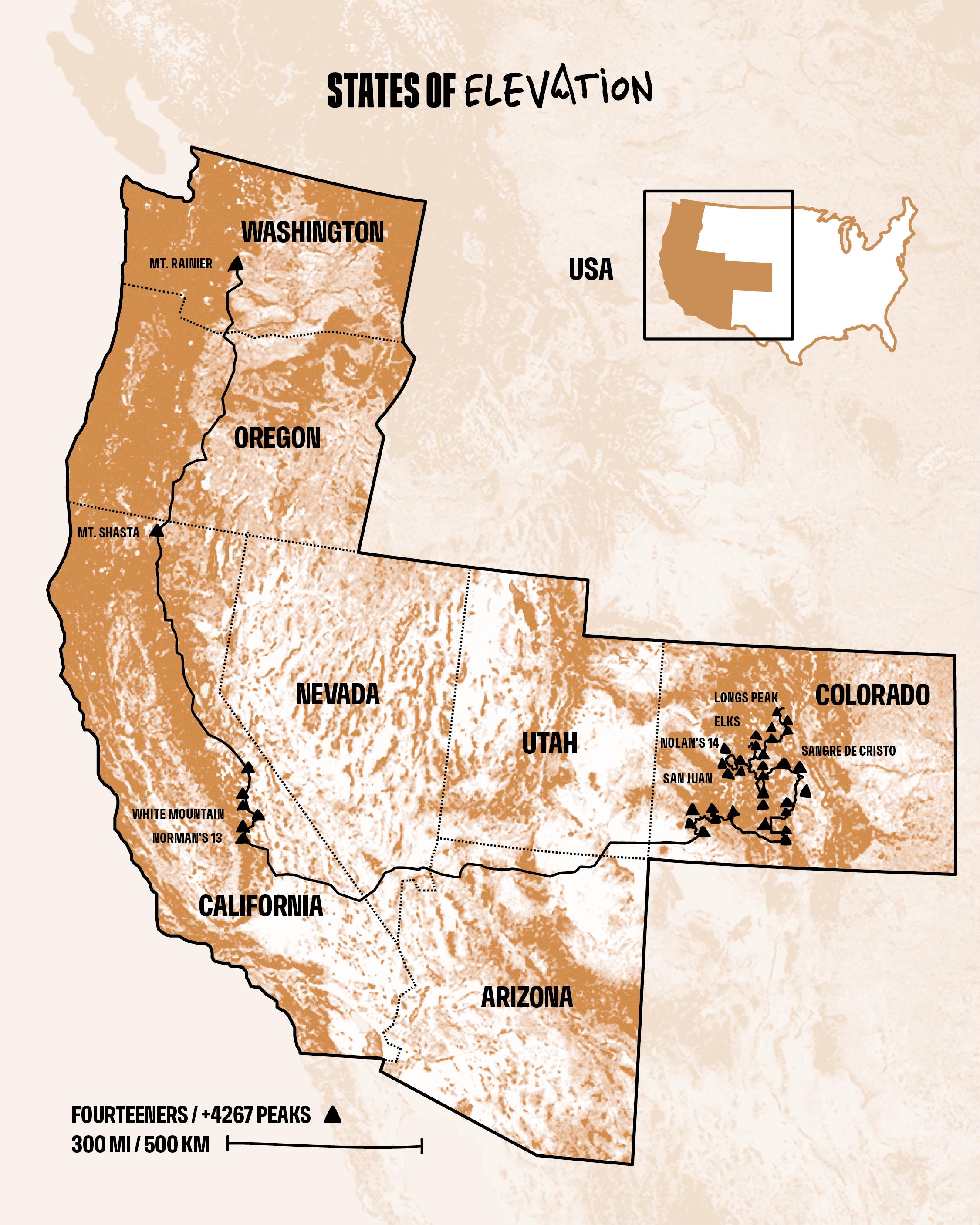 Map of 14,000-Foot Mountains Climbing Route Map of 14,000-Foot Mountains Climbing Route