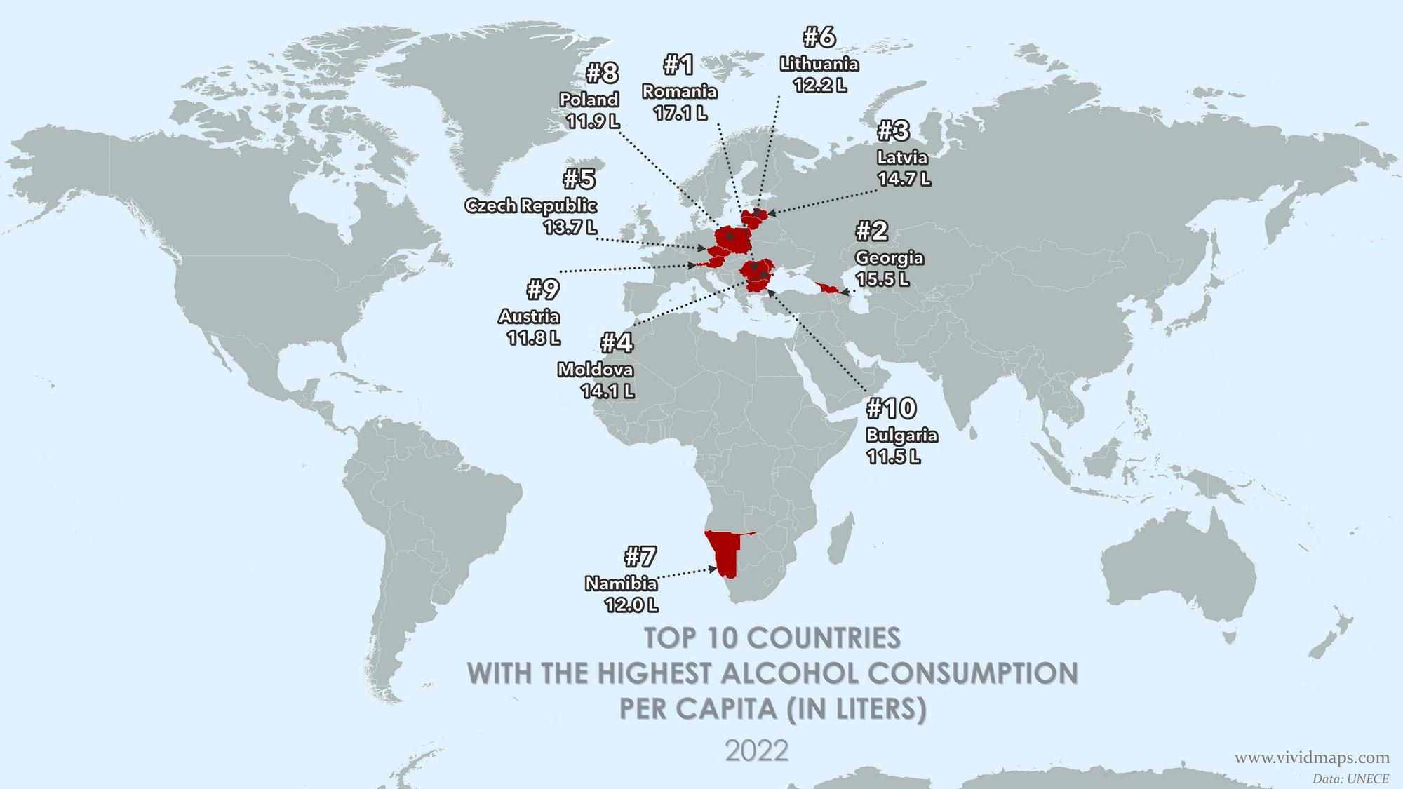 Top Countries by Alcohol Consumption Per Capita Map Top Countries by Alcohol Consumption Per Capita Map