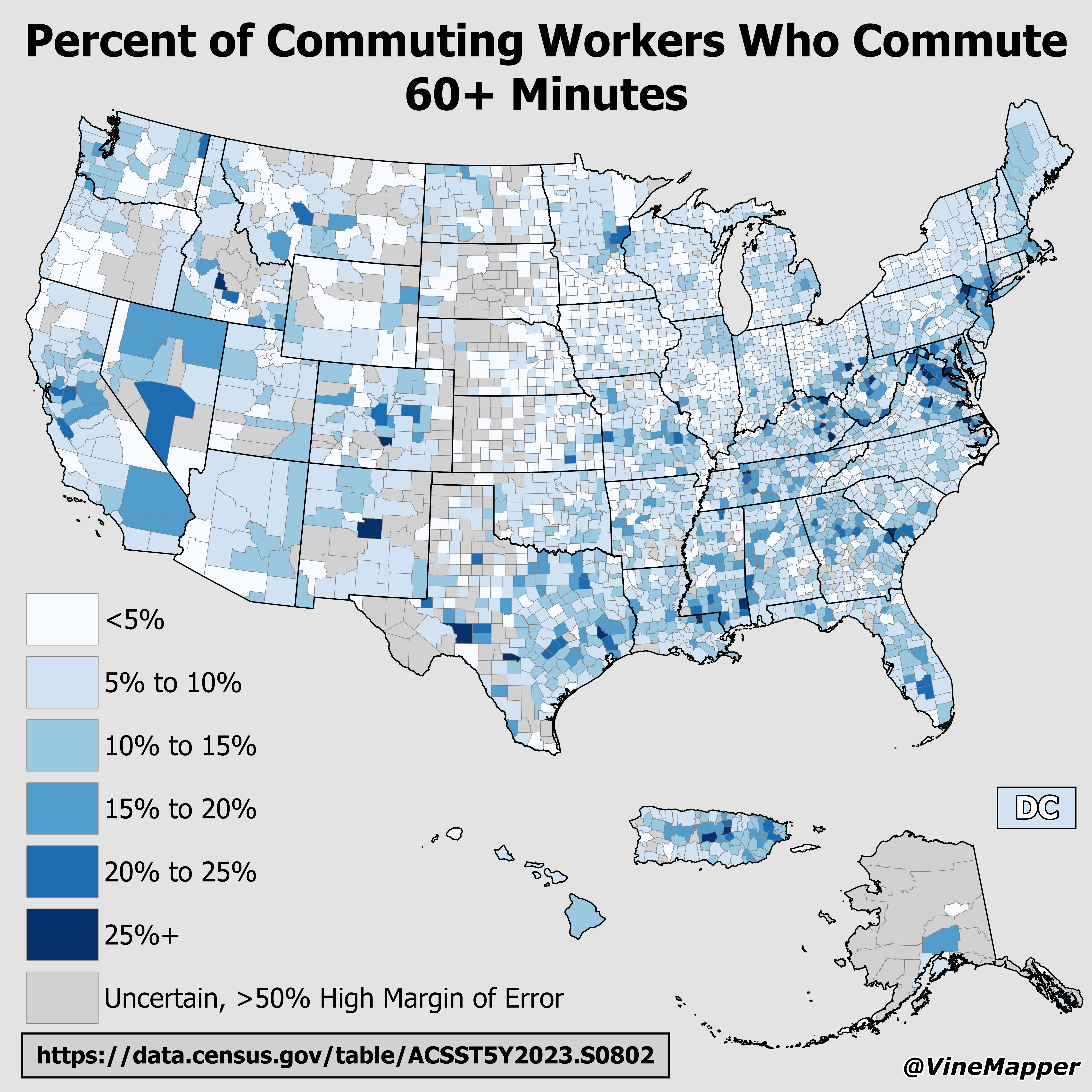 Map of Percent of Commuting Workers Who Commute 60+ Minutes Map of Percent of Commuting Workers Who Commute 60+ Minutes