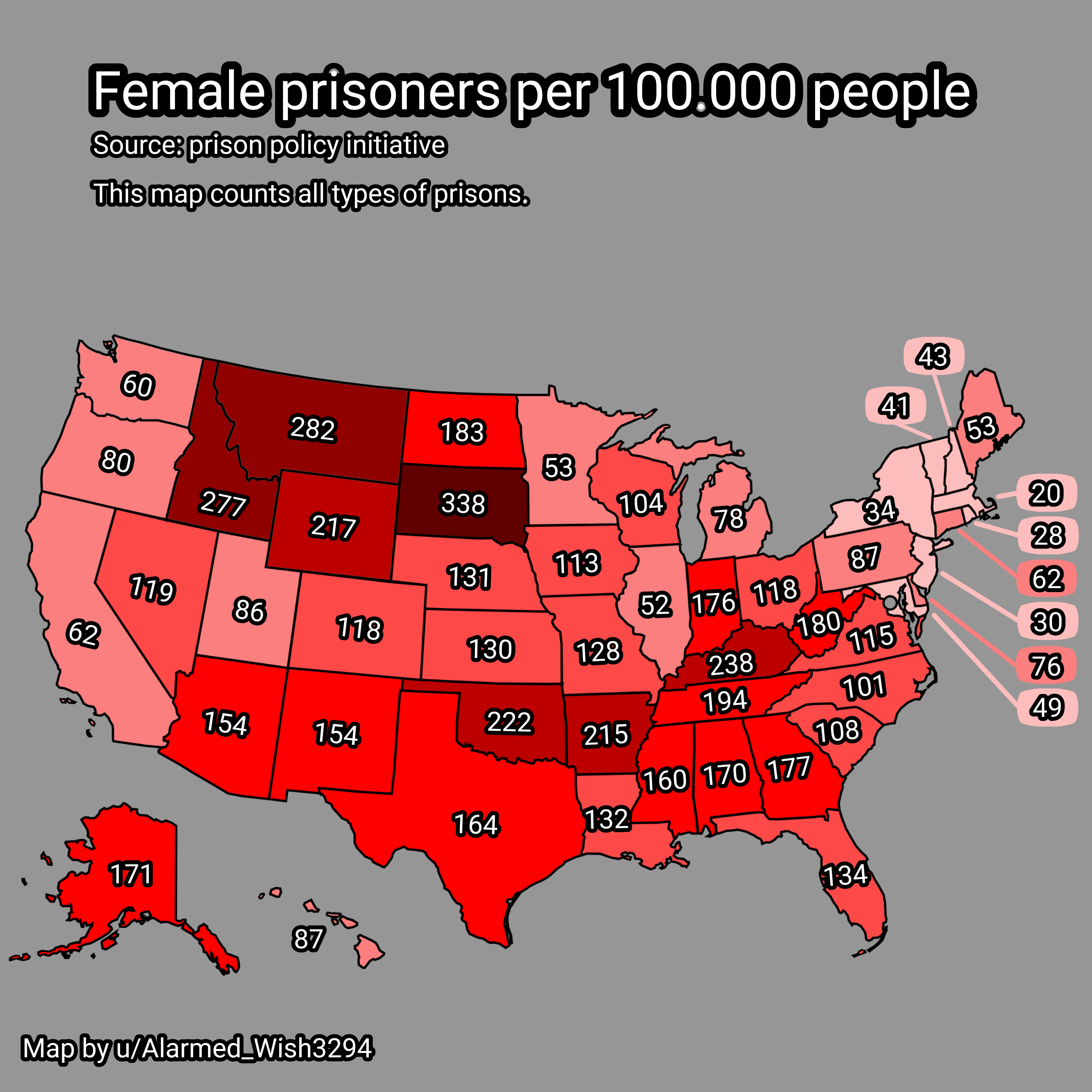 Female Prisoners per 100k People in the U.S. Map Female Prisoners per 100k People in the U.S. Map