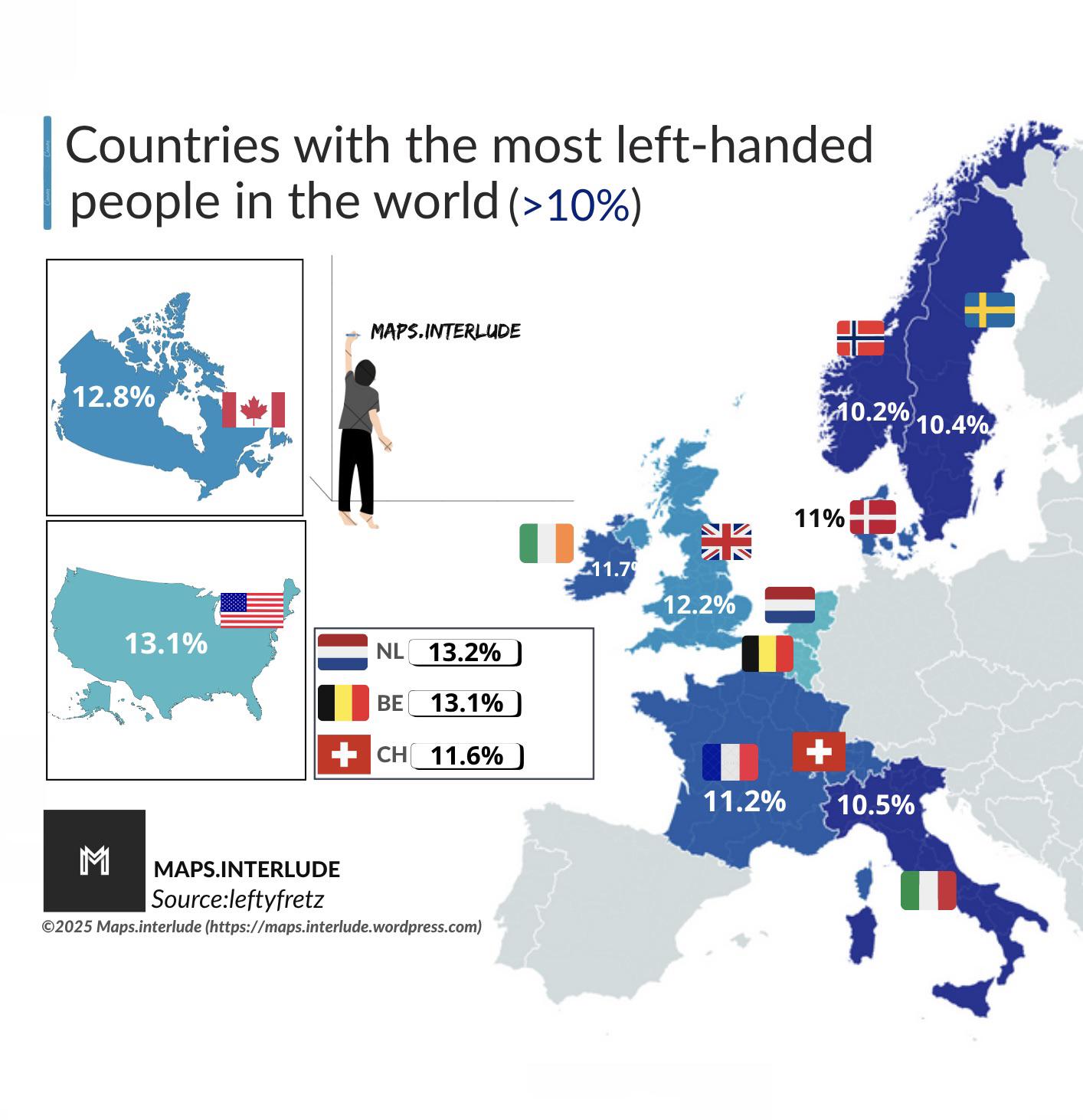 Countries with the Most Left-Handed People Map Countries with the Most Left-Handed People Map