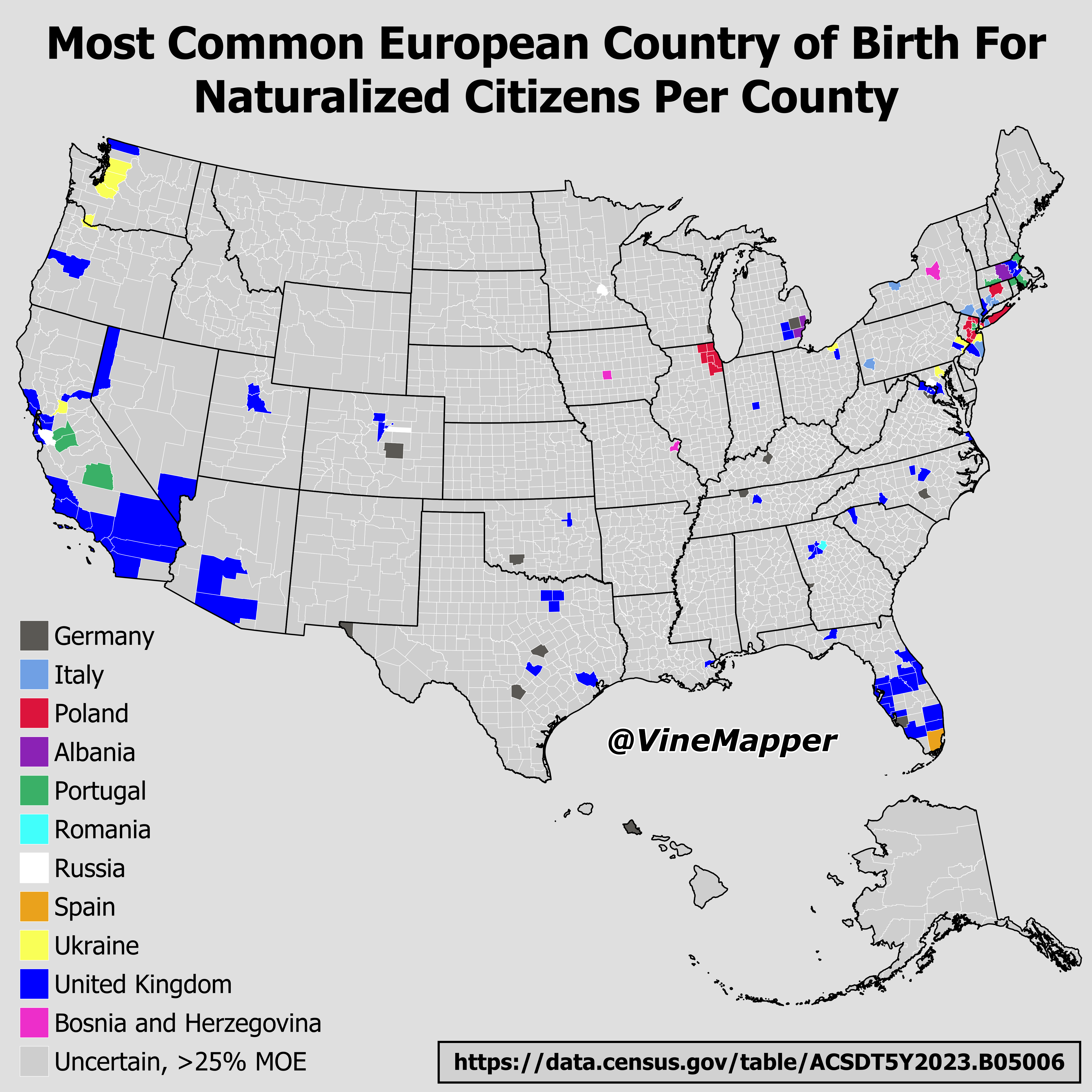 Most Common European Country of Birth for Naturalized Citizens Map Most Common European Country of Birth for Naturalized Citizens Map