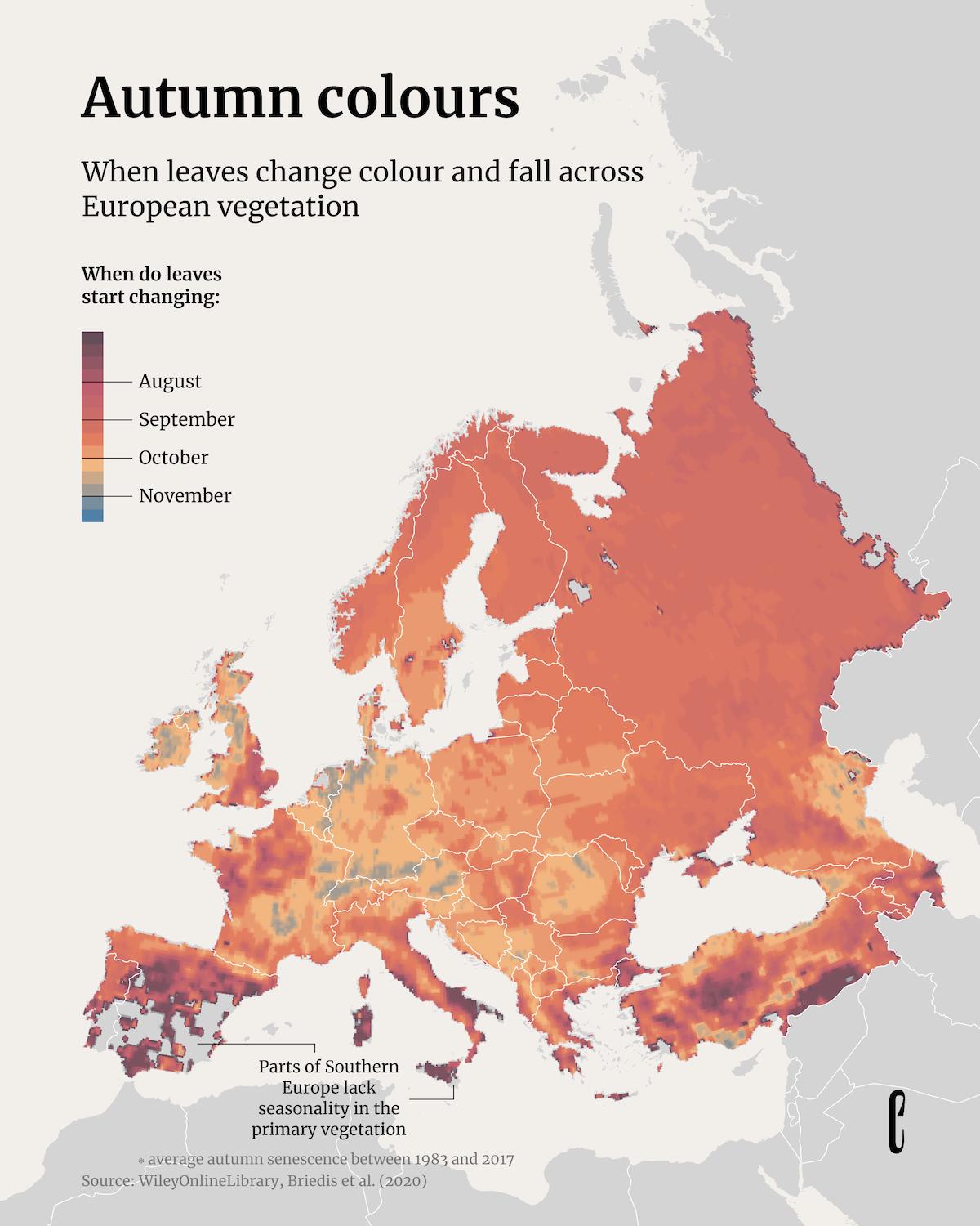 Map of Autumn Leaf Color Changes in Europe Map of Autumn Leaf Color Changes in Europe