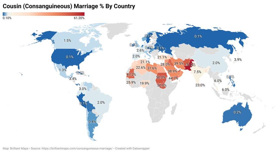 Cousin Marriage Percentage by Country Map Cousin Marriage Percentage by Country Map