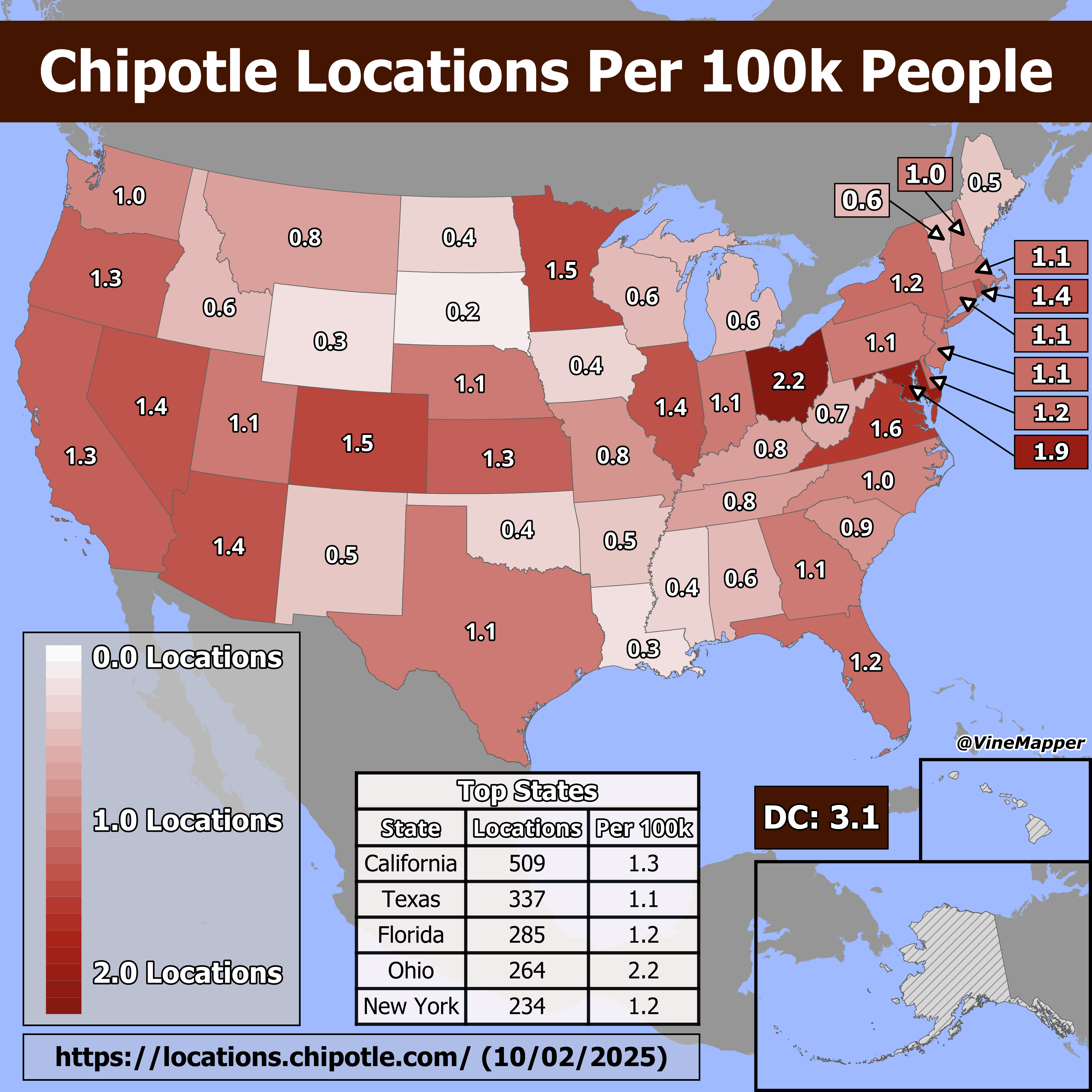 Chipotle Locations Per 100k People Map Chipotle Locations Per 100k People Map