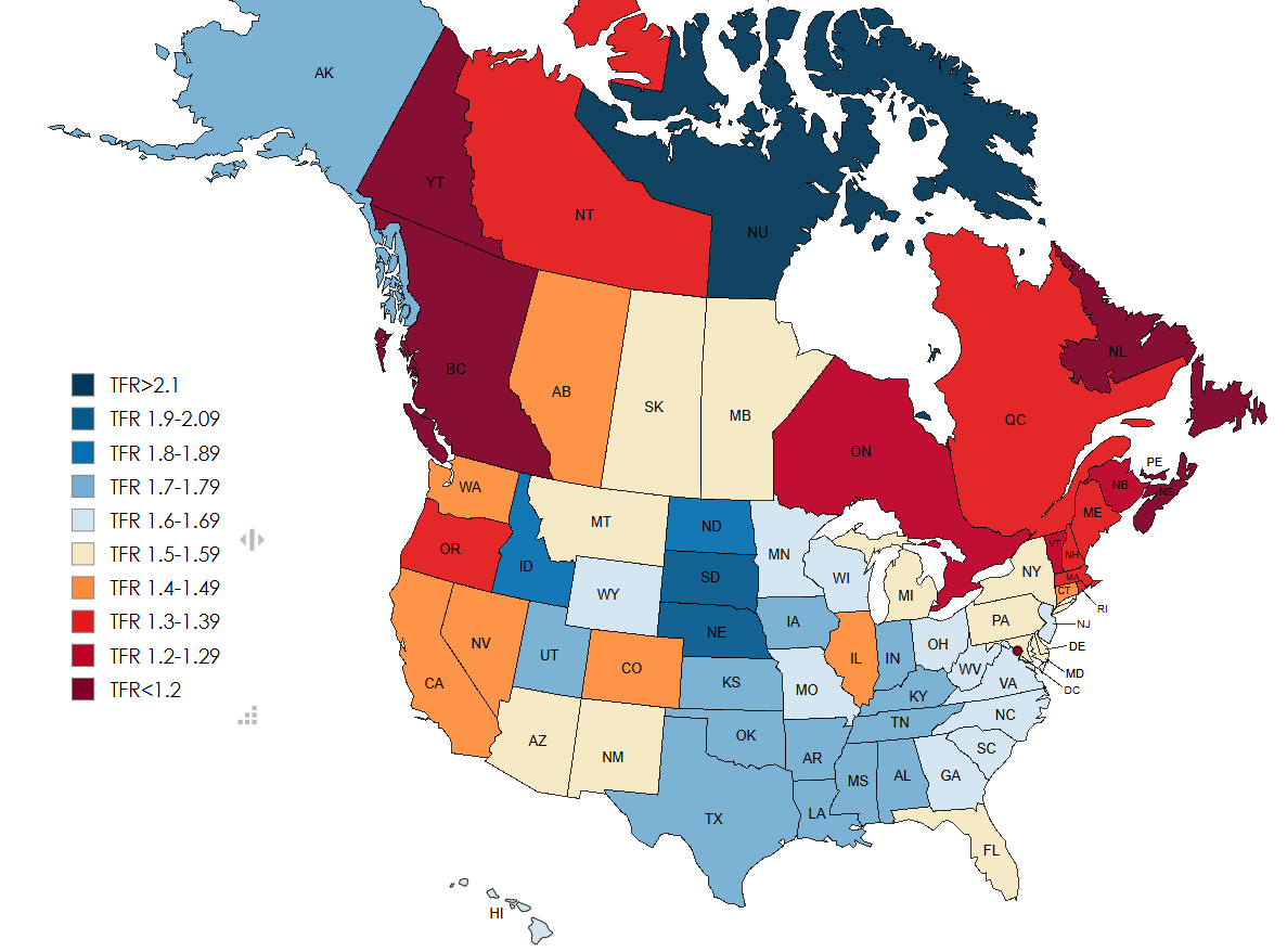 Fertility Rates in US and Canada 2024 Map Fertility Rates in US and Canada 2024 Map