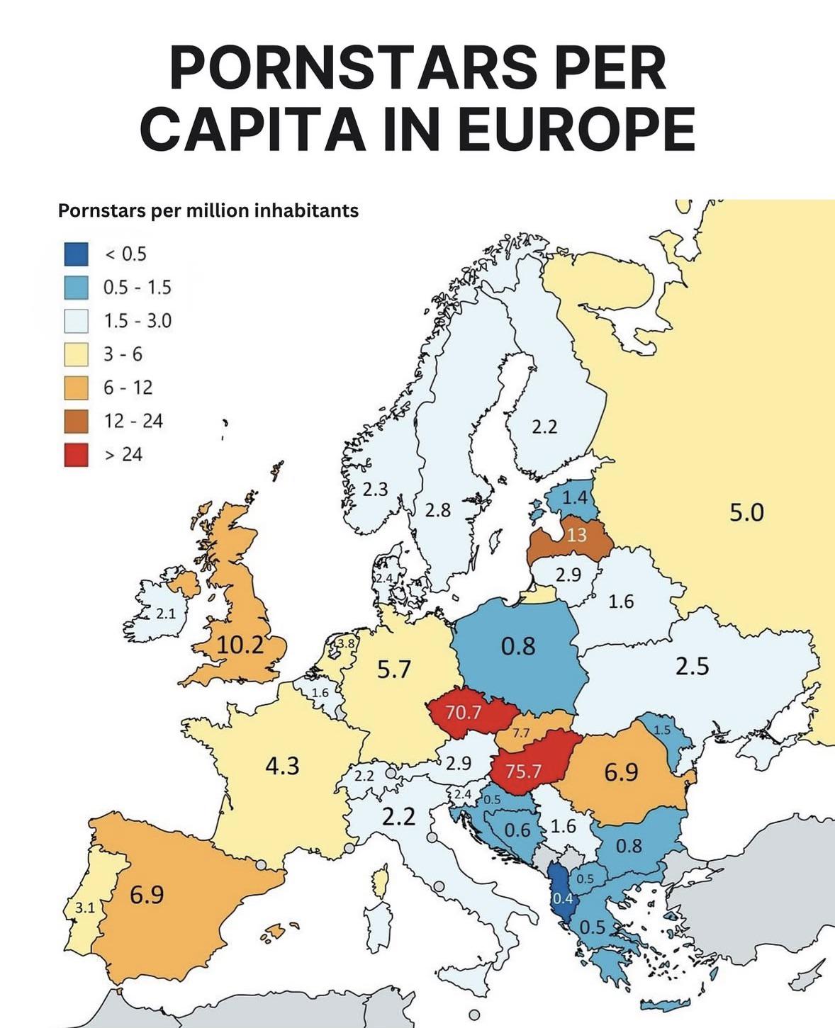 Pornstars per Capita in Europe Map