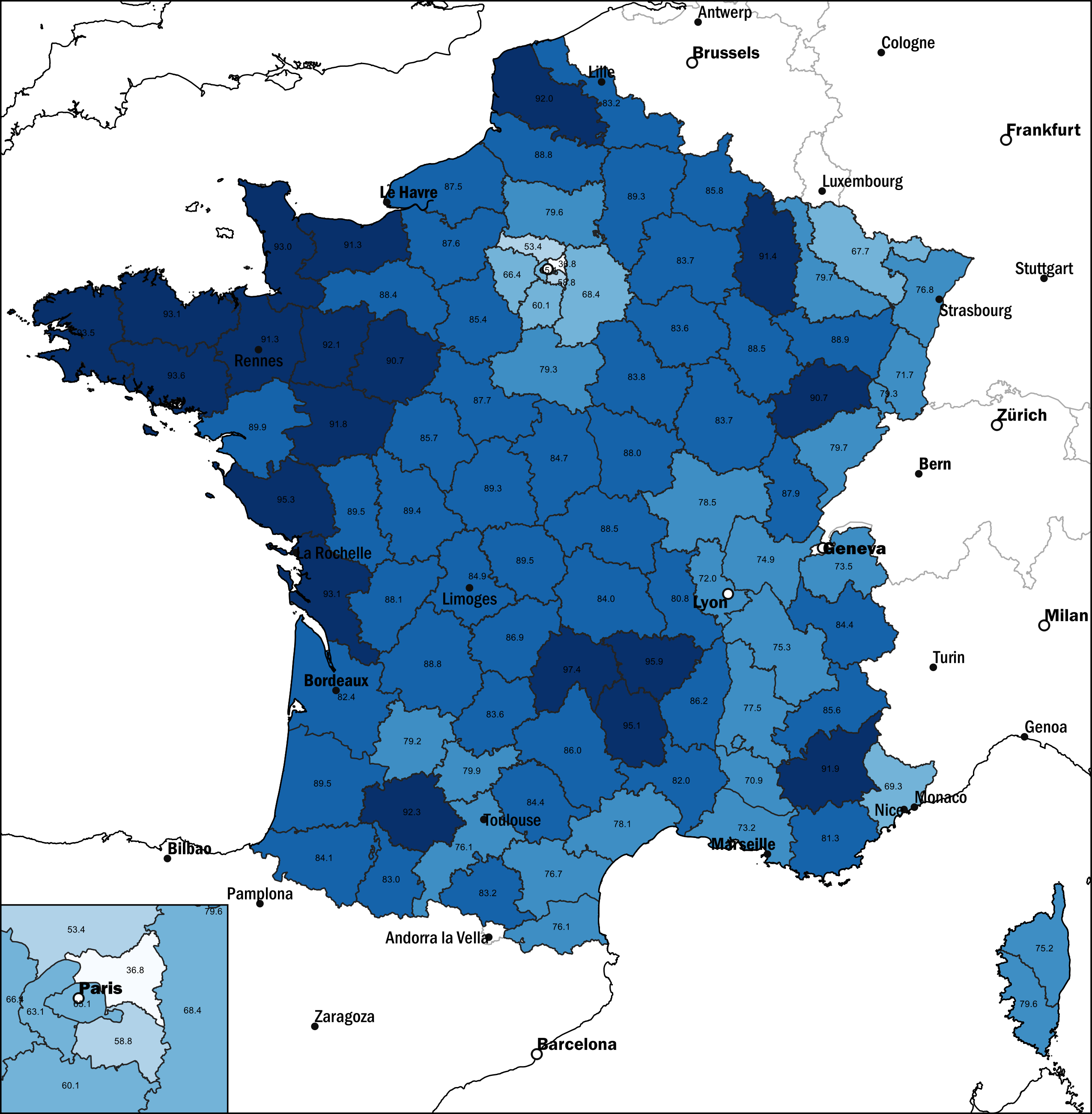 Map of French Population Without Migration Background, 2021 Map of French Population Without Migration Background, 2021