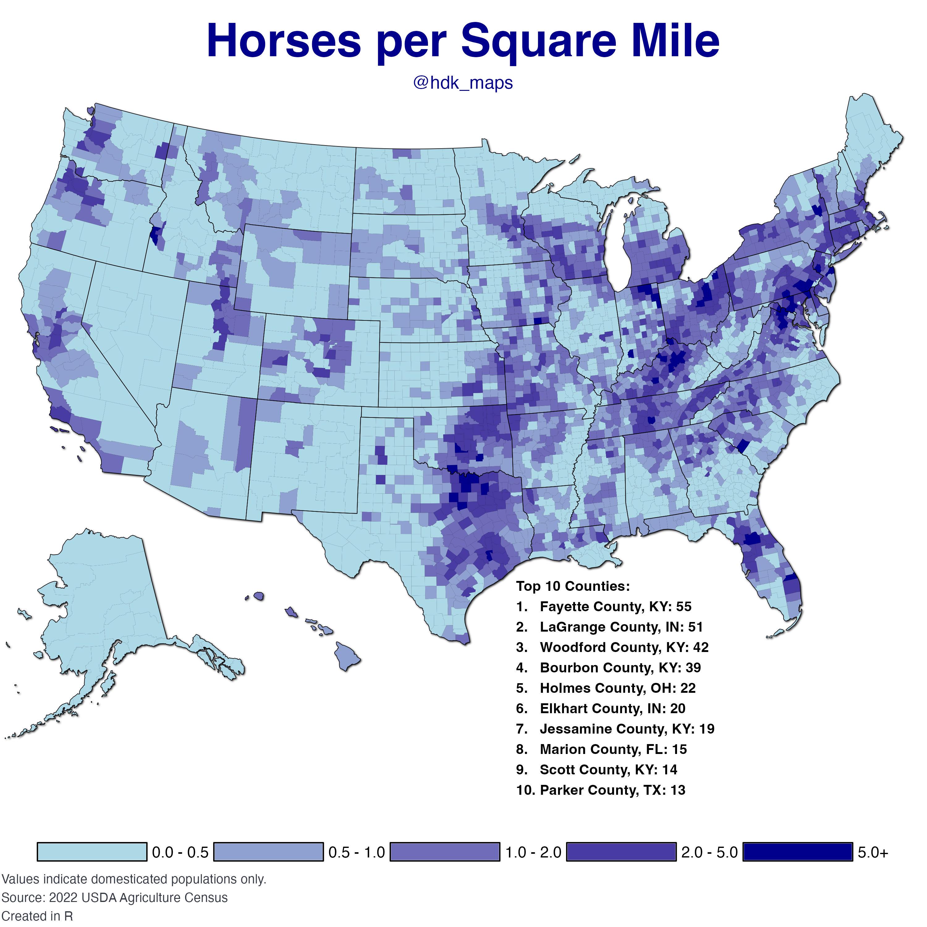 Horses per Square Mile in the USA Map Horses per Square Mile in the USA Map