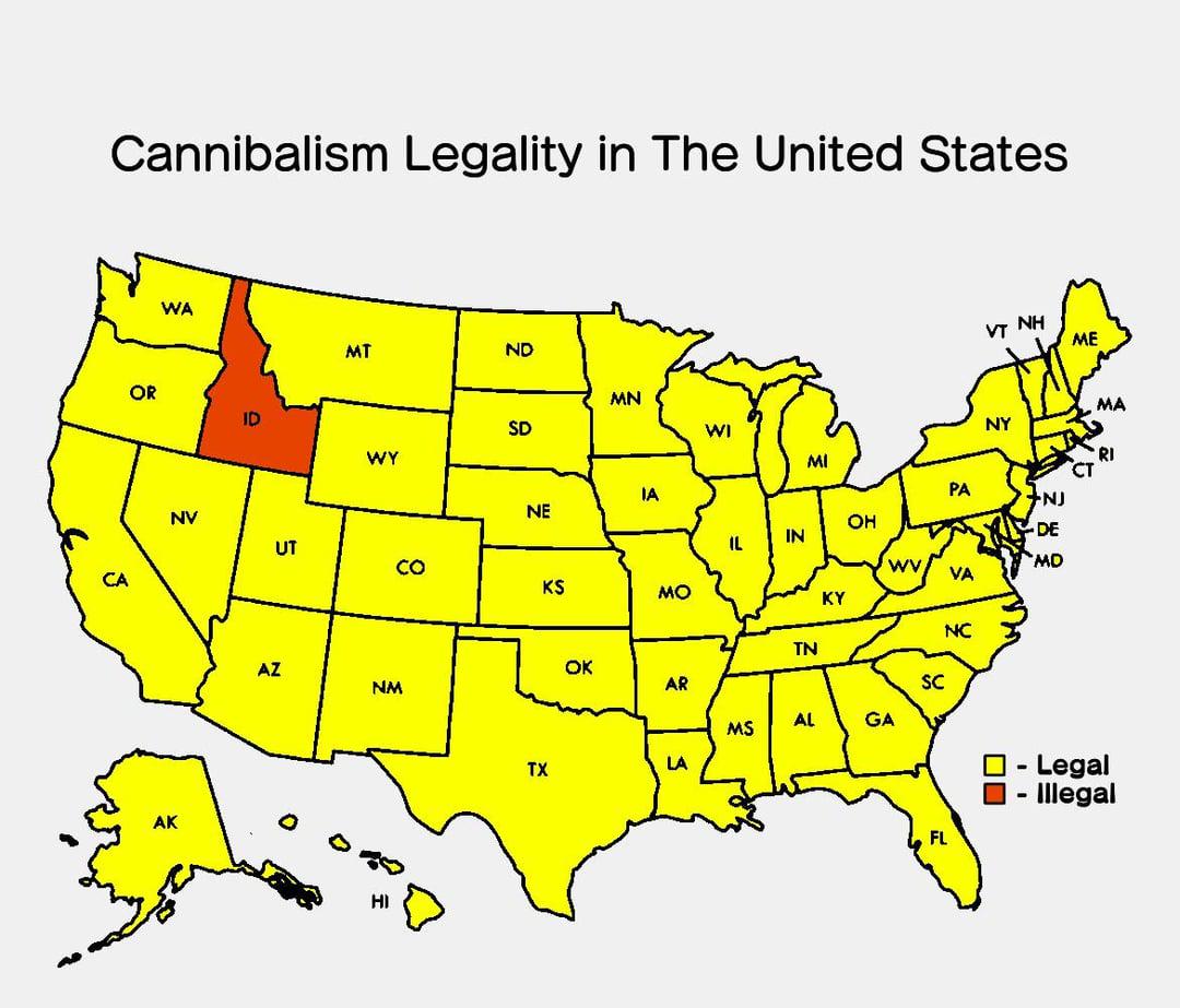 Legality of Cannibalism in the USA Map Legality of Cannibalism in the USA Map