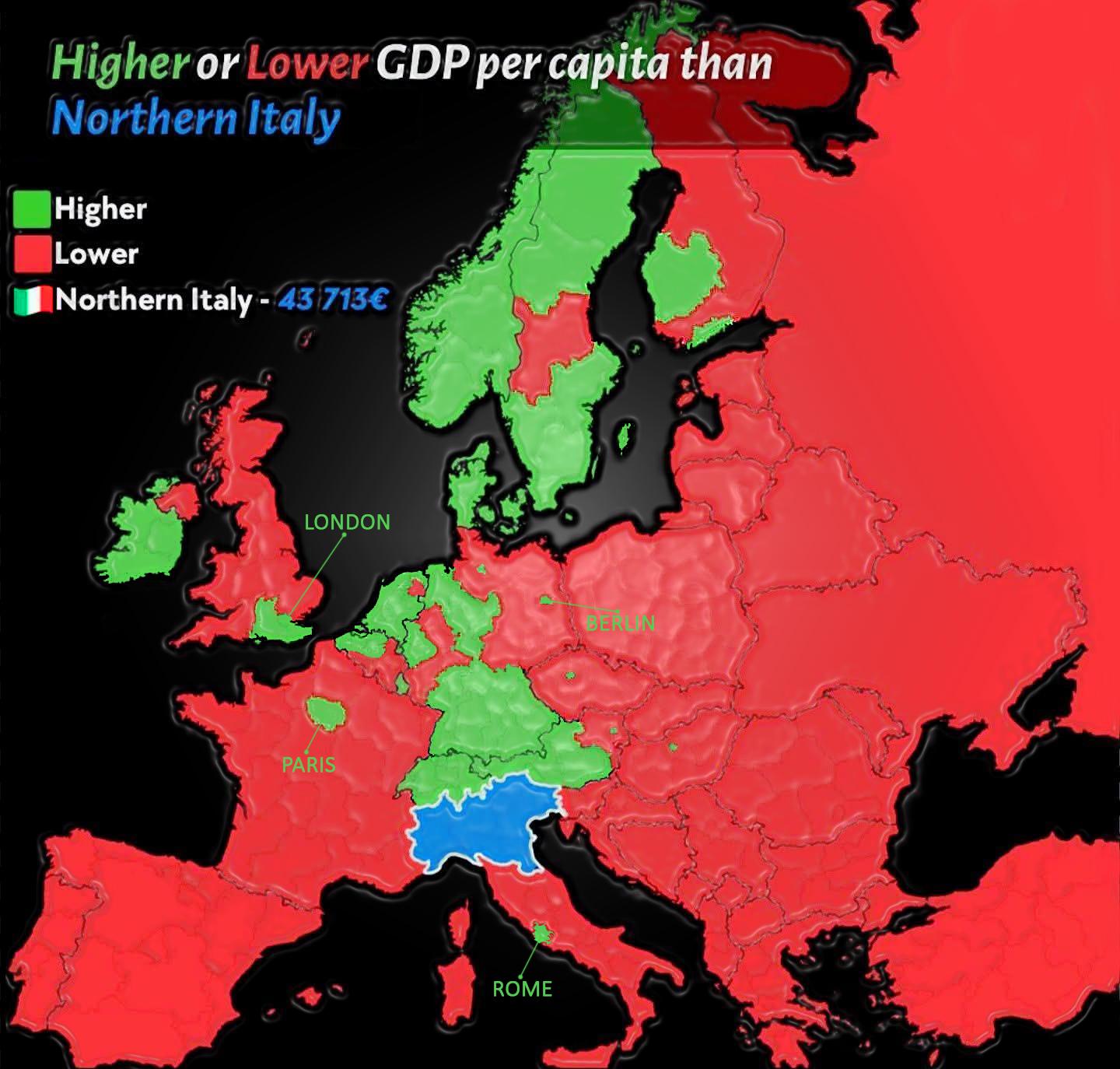 GDP Per Capita Map of Northern Italy vs Europe GDP Per Capita Map of Northern Italy vs Europe