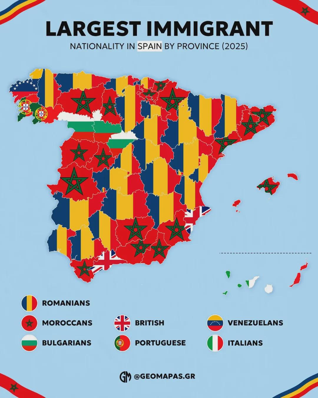Largest Immigrant Nationality in Spain by Province Map Largest Immigrant Nationality in Spain by Province Map