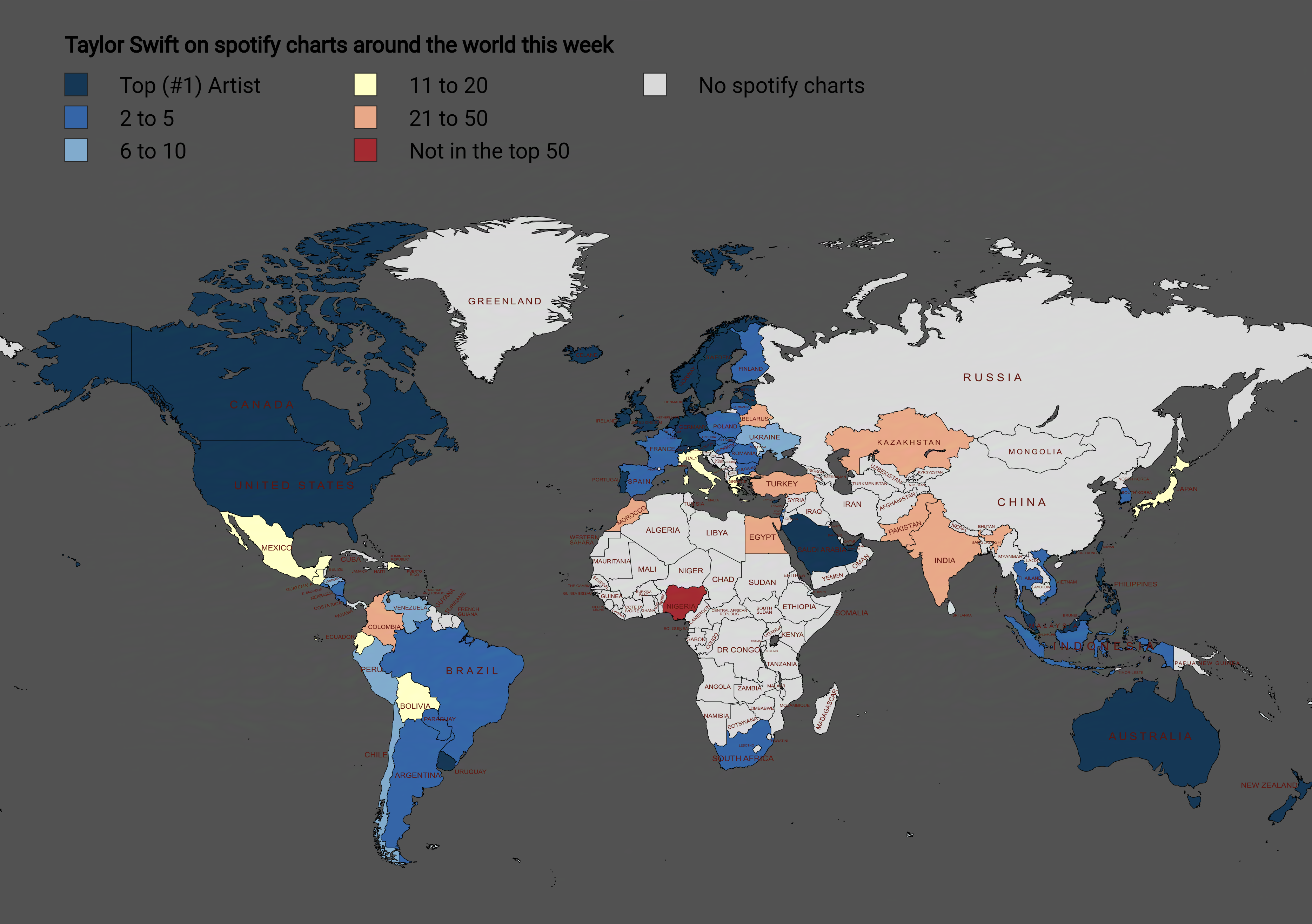 Taylor Swift Spotify Popularity Map Taylor Swift Spotify Popularity Map