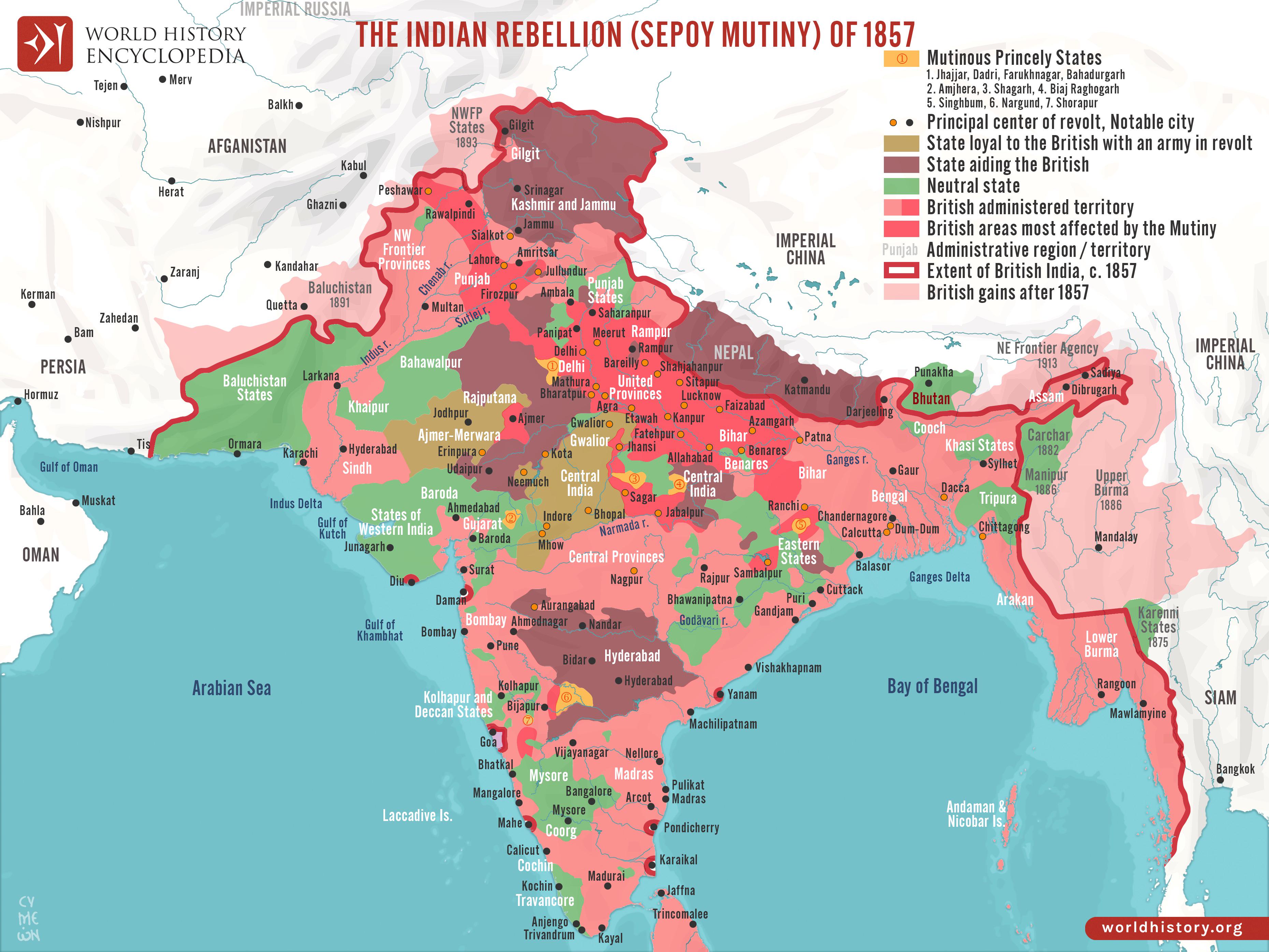 Map of the Indian Subcontinent during the Sepoy Mutiny of 1857 Map of the Indian Subcontinent during the Sepoy Mutiny of 1857