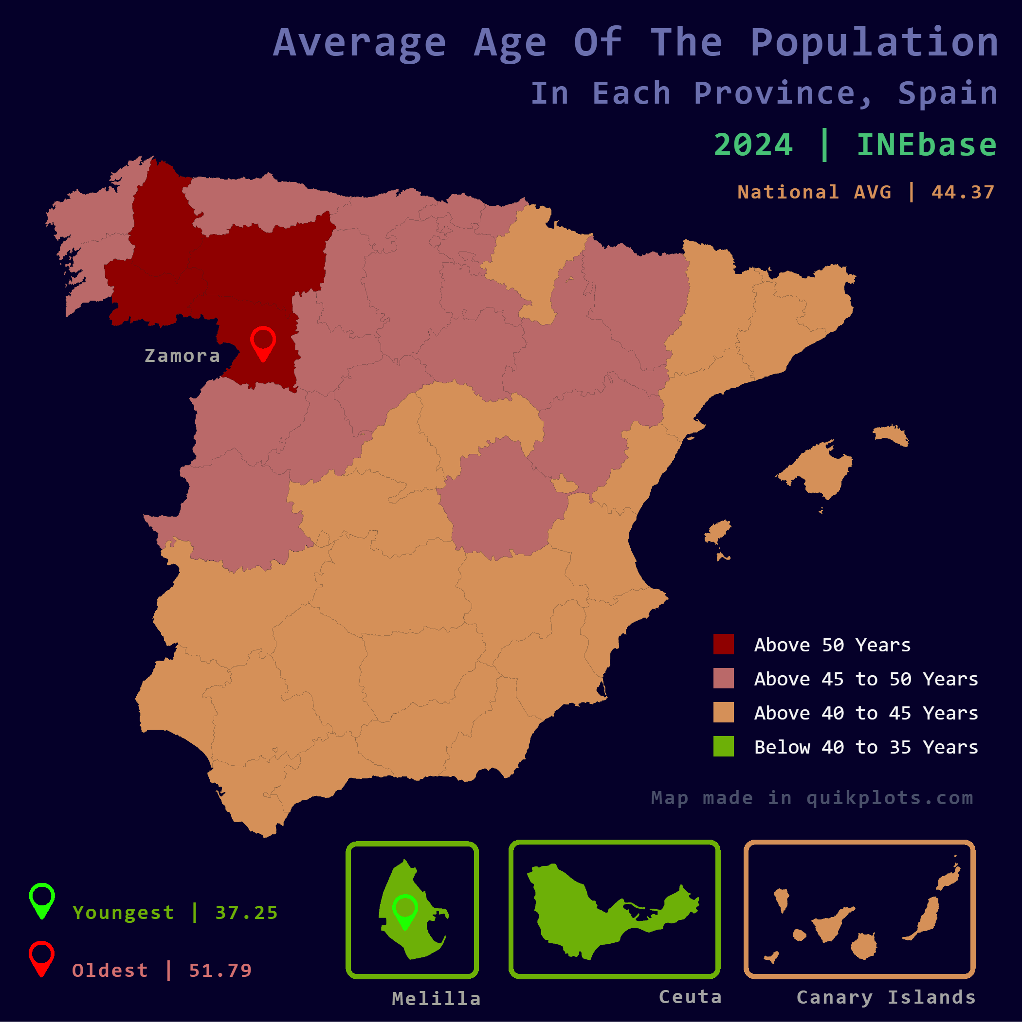 Average Age of Population in Spain Provinces Map Average Age of Population in Spain Provinces Map