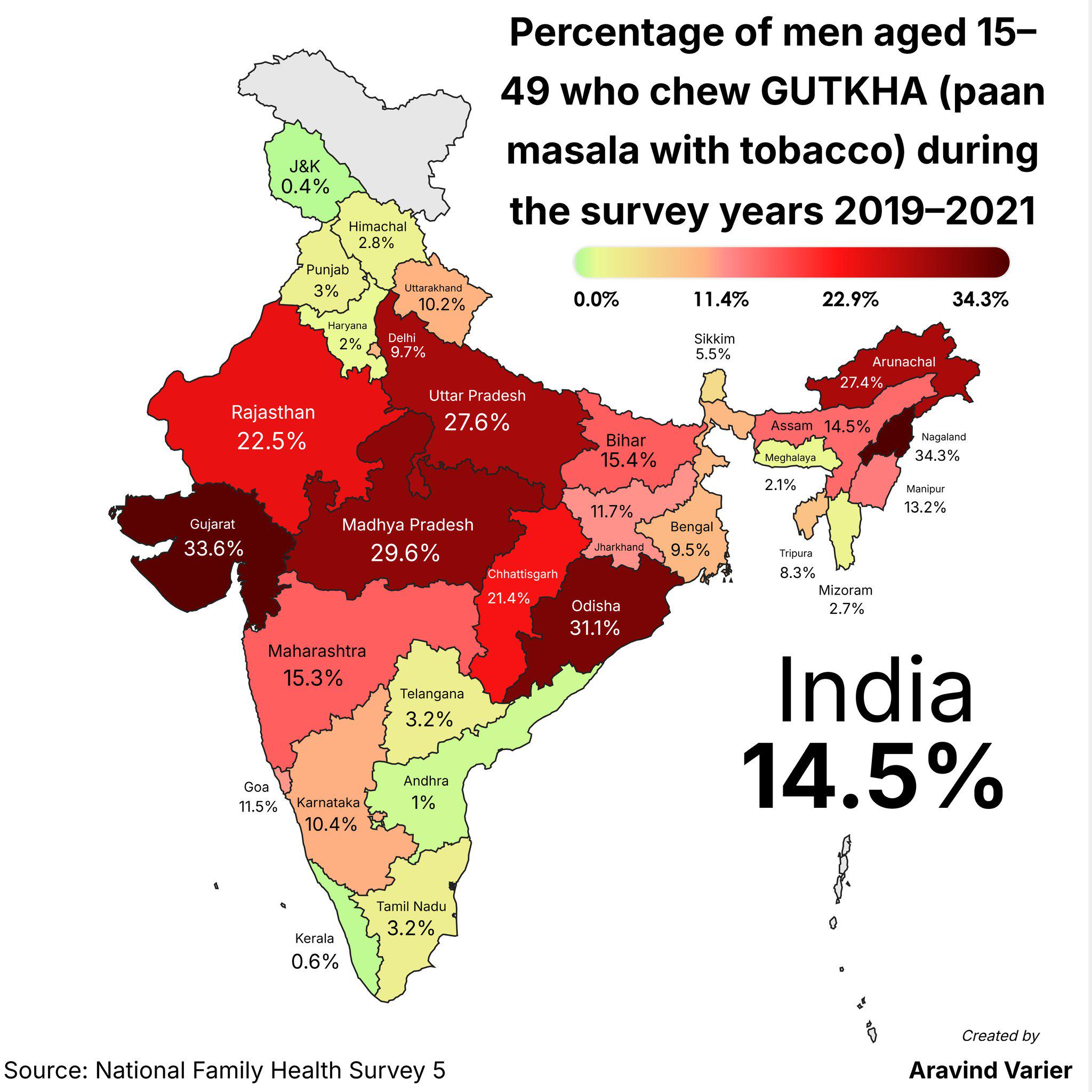 Map of Indian States by % of People Who Chew GUTKHA