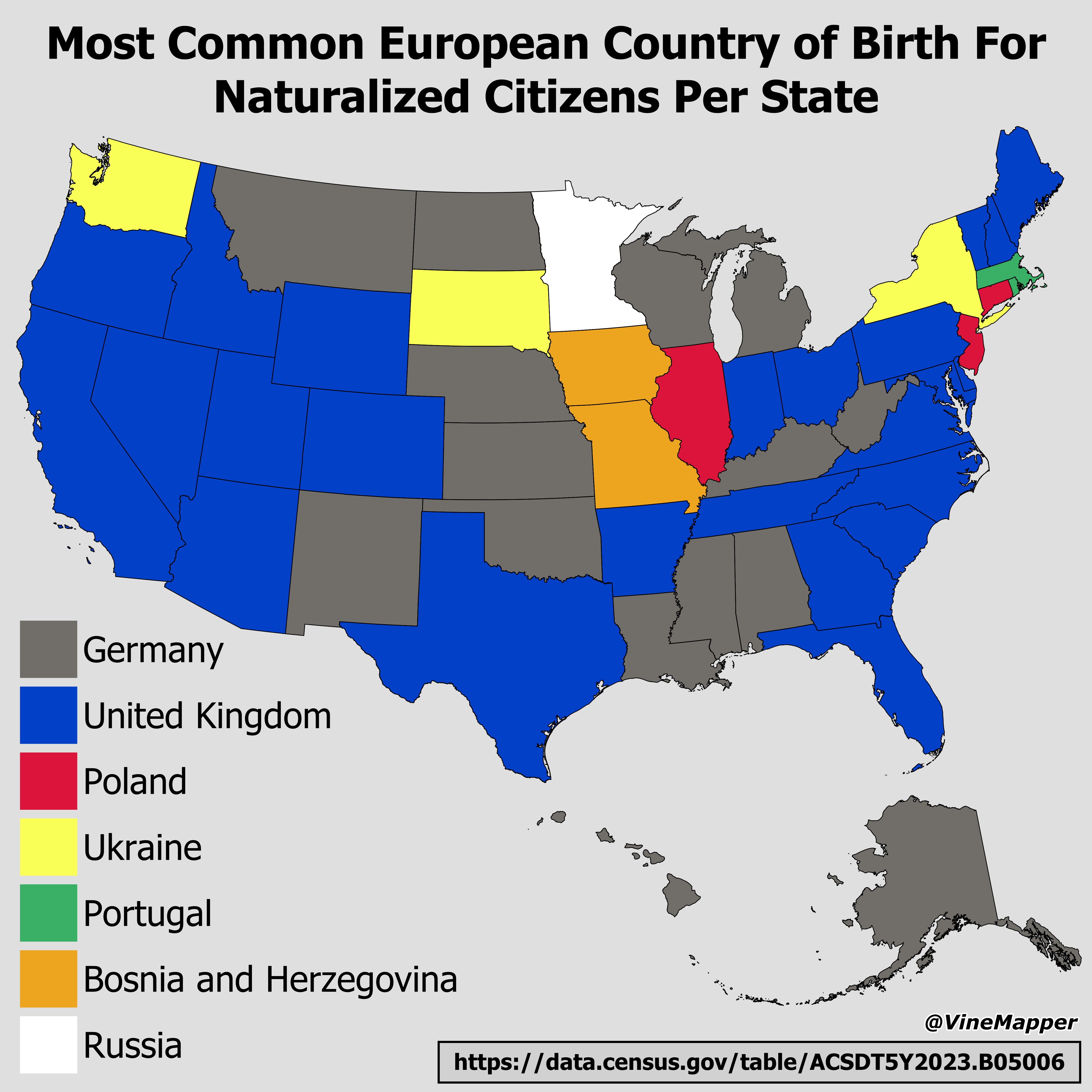 Most Common European Country of Birth for Naturalized Citizens Map Most Common European Country of Birth for Naturalized Citizens Map