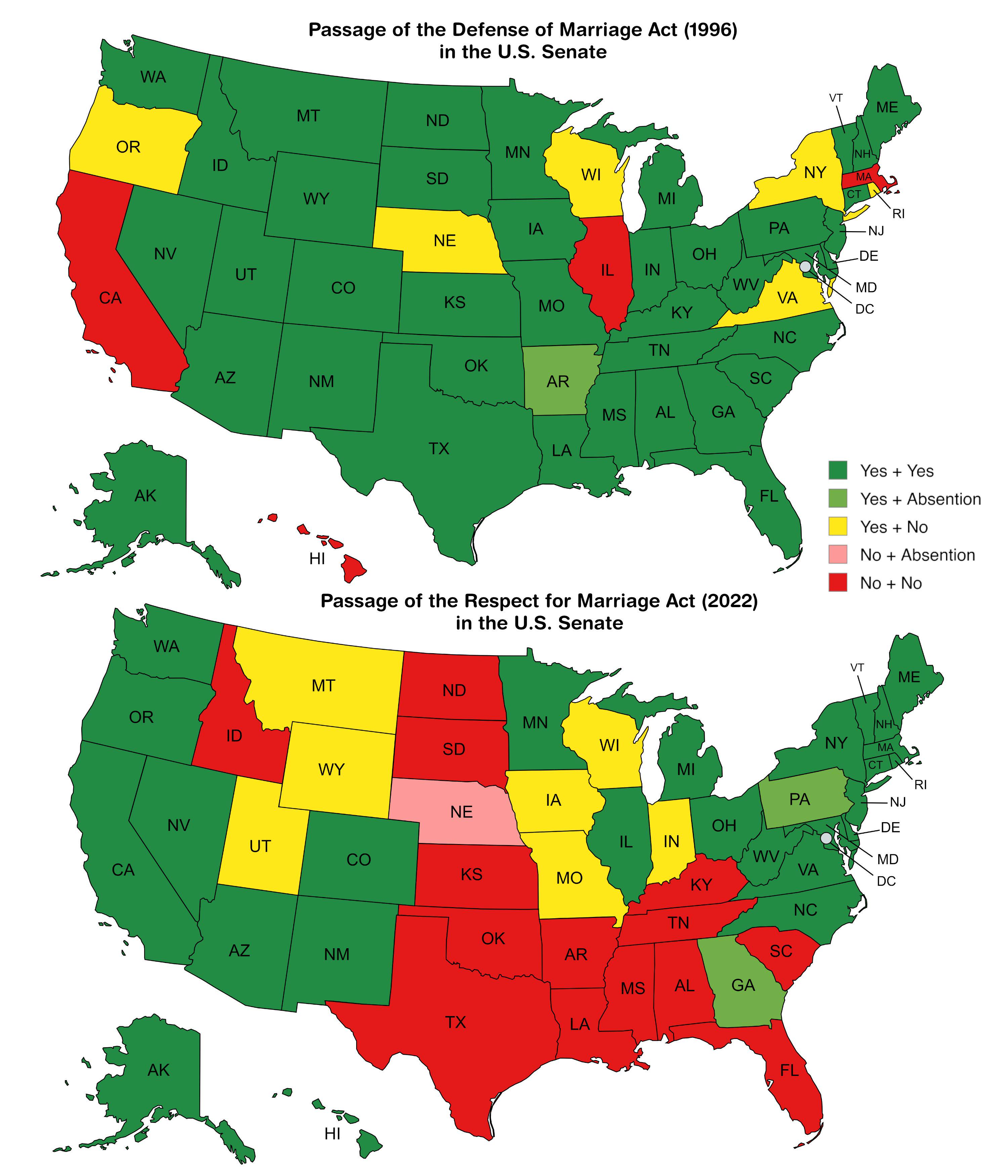 Map of Defense of Marriage Act vs. Respect for Marriage Act in Senate Map of Defense of Marriage Act vs. Respect for Marriage Act in Senate