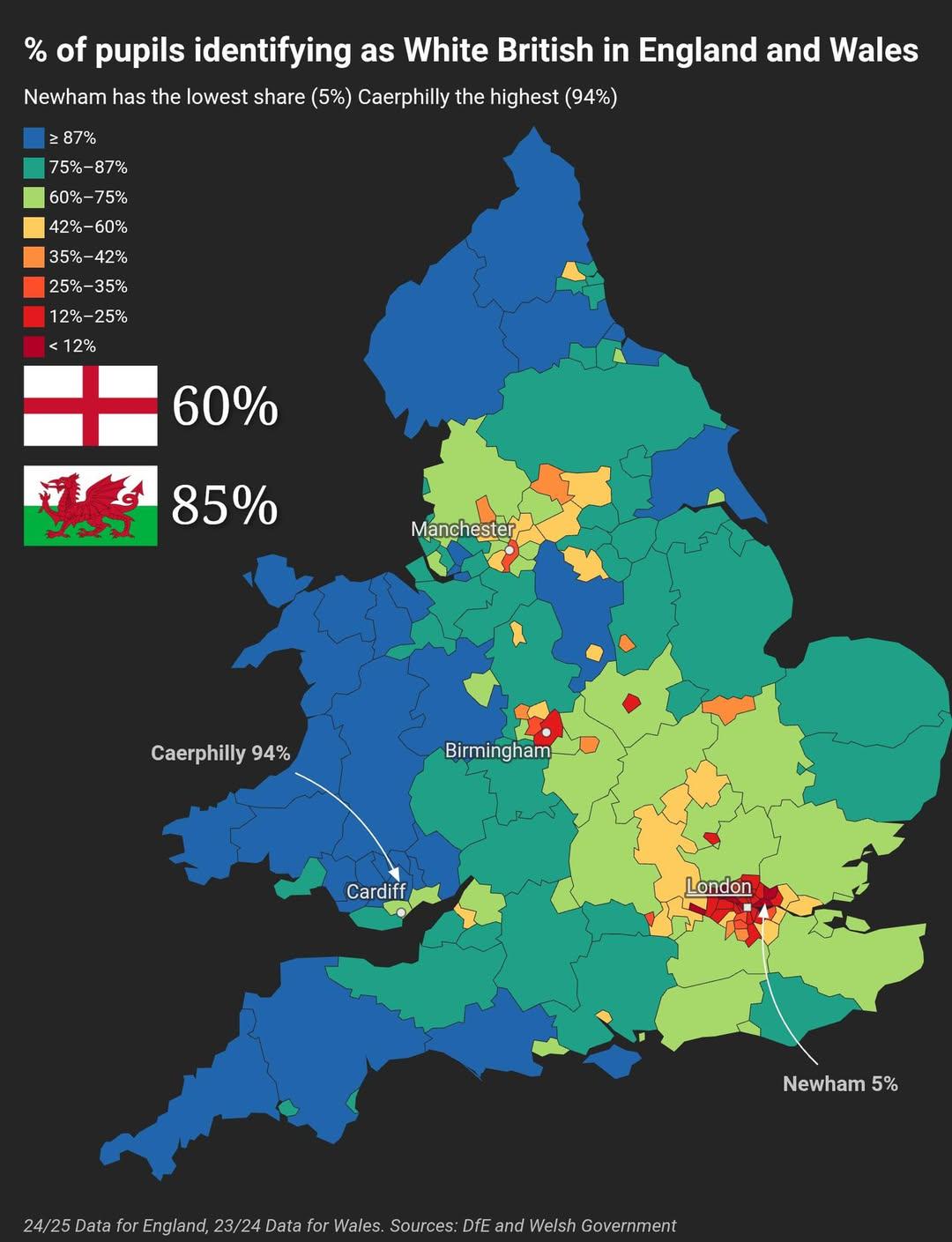 % of Pupils Identifying as White British in England and Wales Map % of Pupils Identifying as White British in England and Wales Map