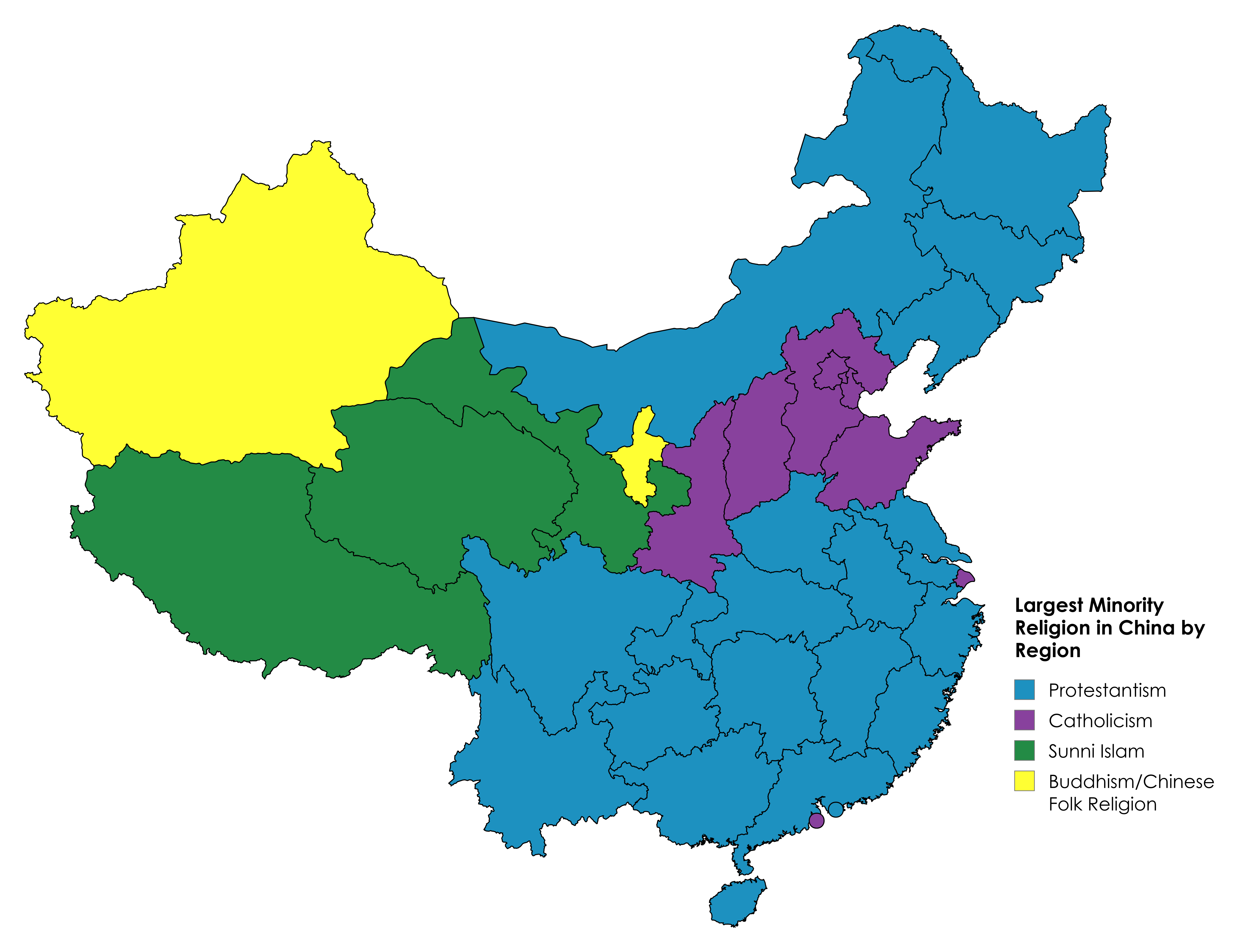 Largest Minority Religion by Region in China Map Largest Minority Religion by Region in China Map