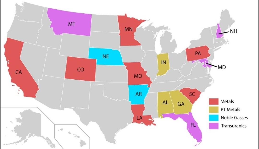US States with Abbreviations as Elemental Symbols Map