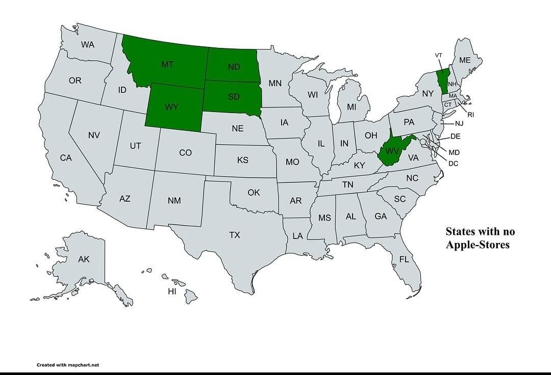 Map of States with No Apple Stores Map of States with No Apple Stores