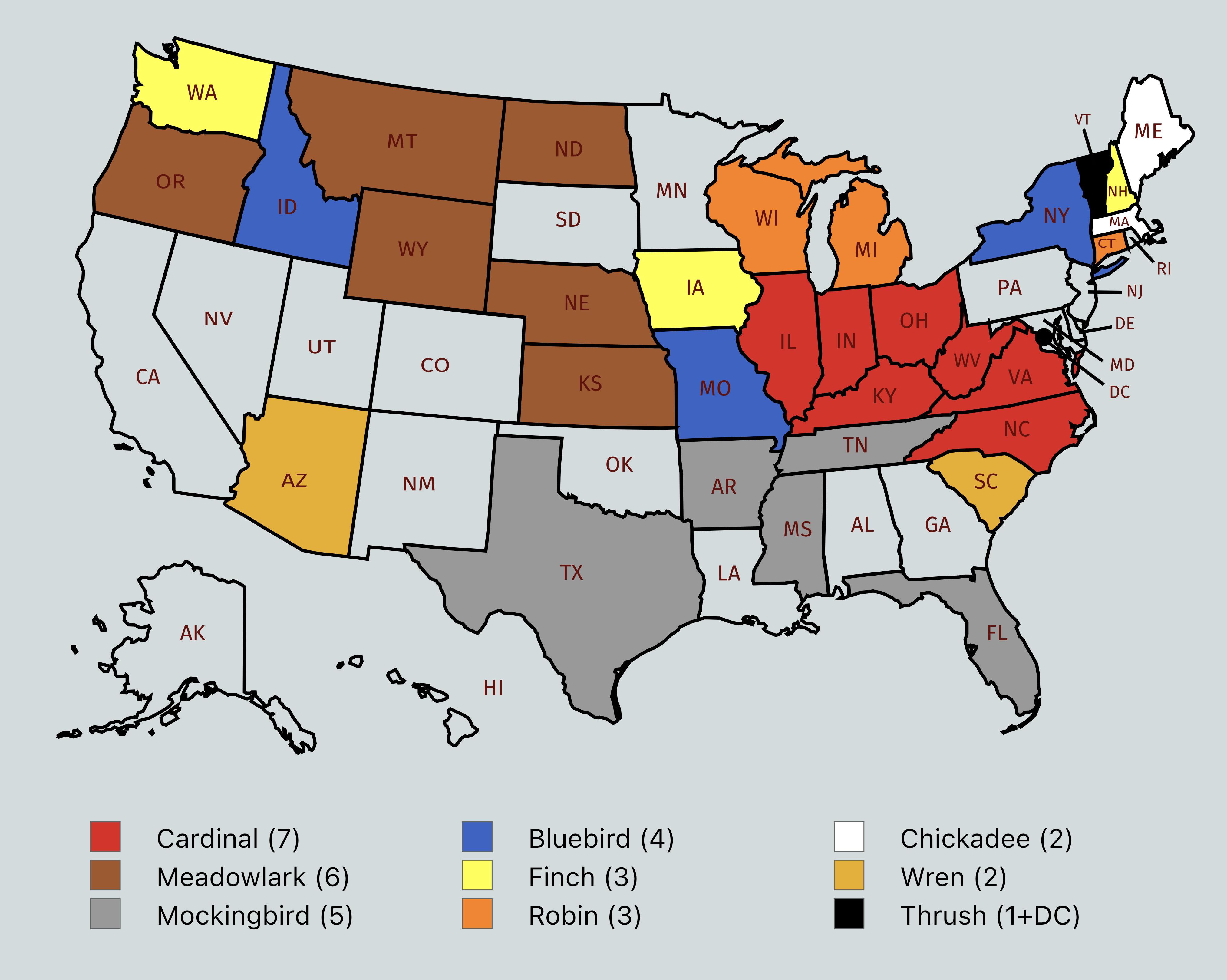 State Birds Map: Five Species Dominate State Birds Map: Five Species Dominate