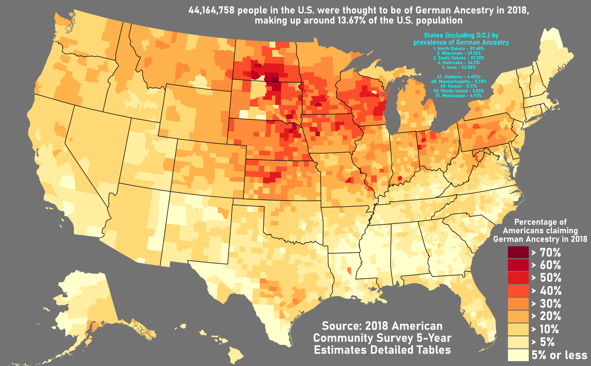 Americans Claiming German Ancestry by County Map Americans Claiming German Ancestry by County Map