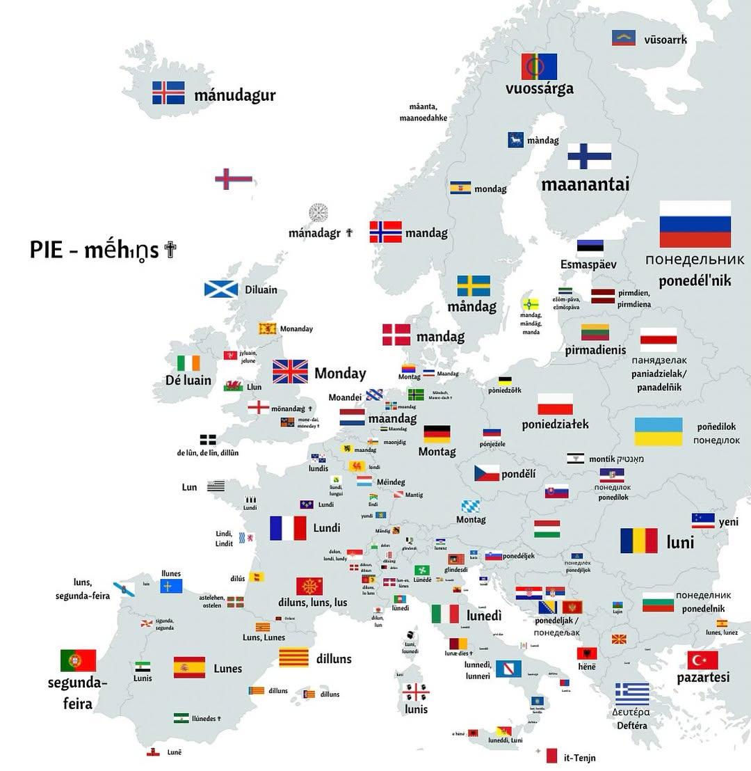 Map of Monday in European Languages Map of Monday in European Languages