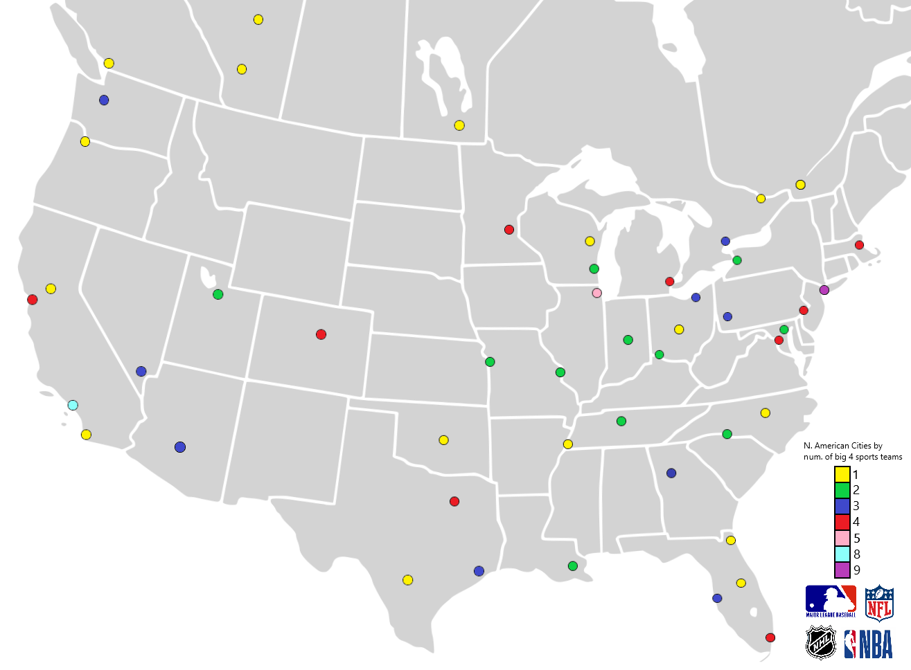 North American Cities by Big 4 Sports Teams Map North American Cities by Big 4 Sports Teams Map