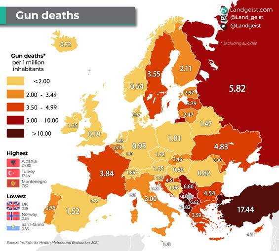 Gun Deaths by Country in Europe Map