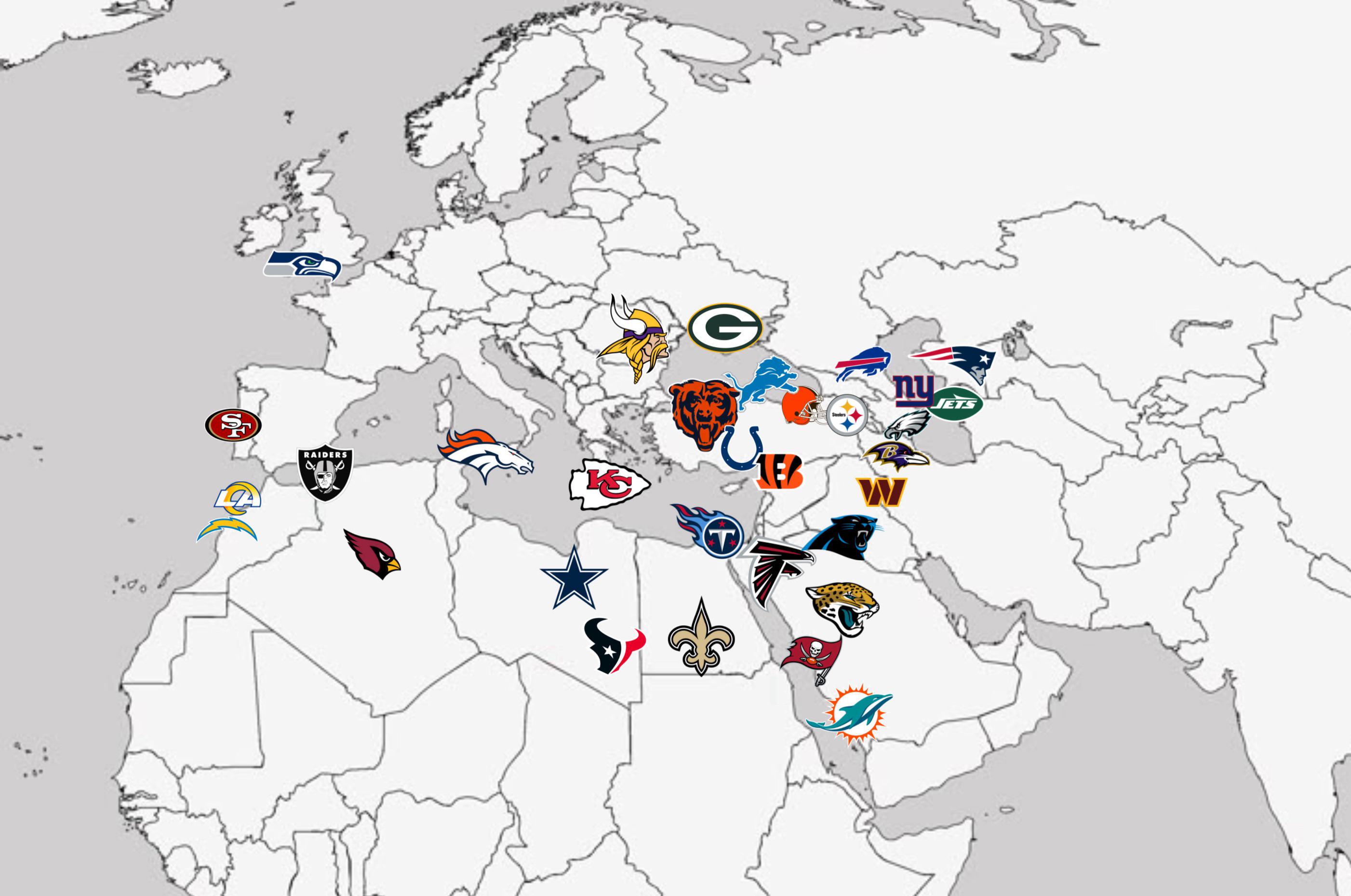 Map of NFL Teams in Europe, North Africa and the Middle East Map of NFL Teams in Europe, North Africa and the Middle East