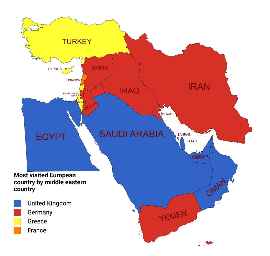 Most Visited European Countries by Middle Eastern Tourists Map Most Visited European Countries by Middle Eastern Tourists Map