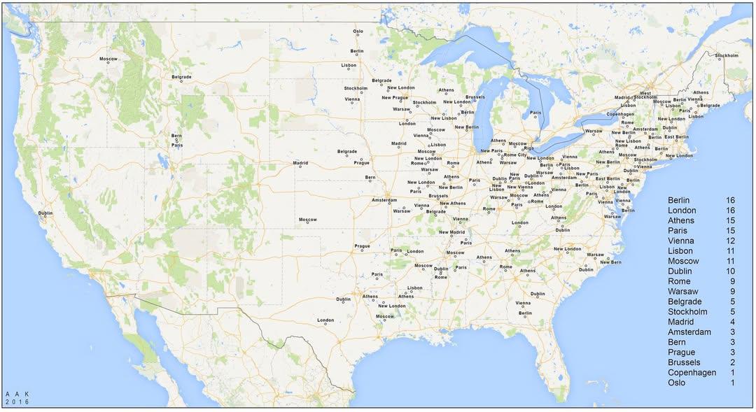 U.S. Towns and Cities Named After European Capitals Map U.S. Towns and Cities Named After European Capitals Map