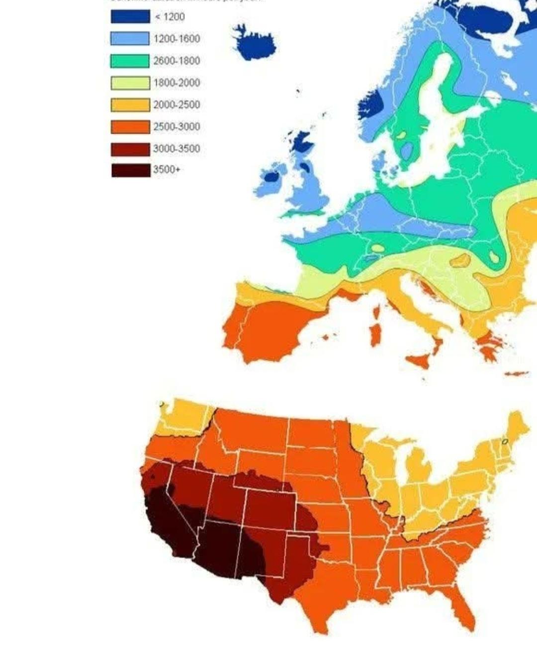 Sunshine Duration Map of the United States and Europe Sunshine Duration Map of the United States and Europe