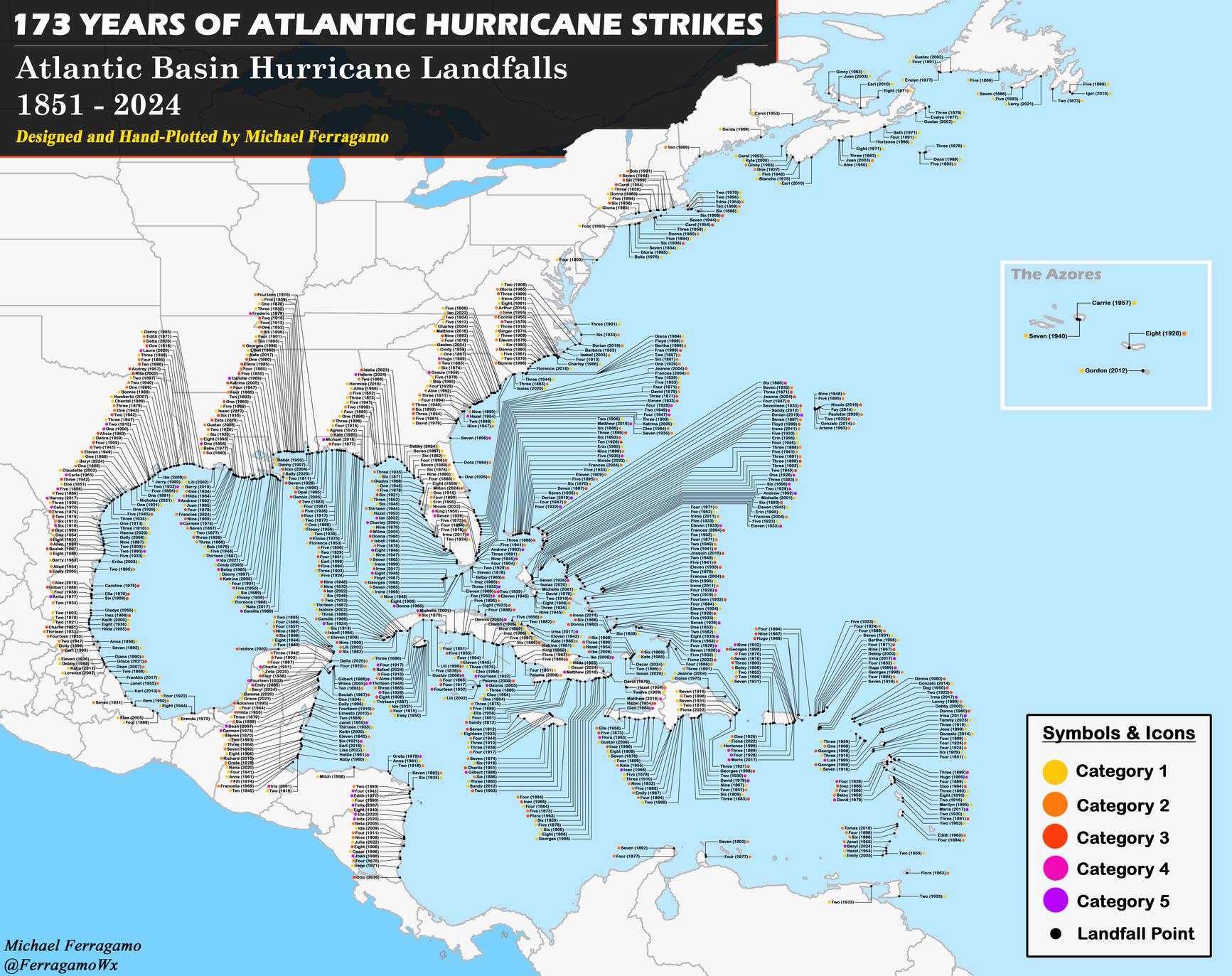Landfall Locations of Category 1+ Atlantic Tropical Cyclones Map Landfall Locations of Category 1+ Atlantic Tropical Cyclones Map