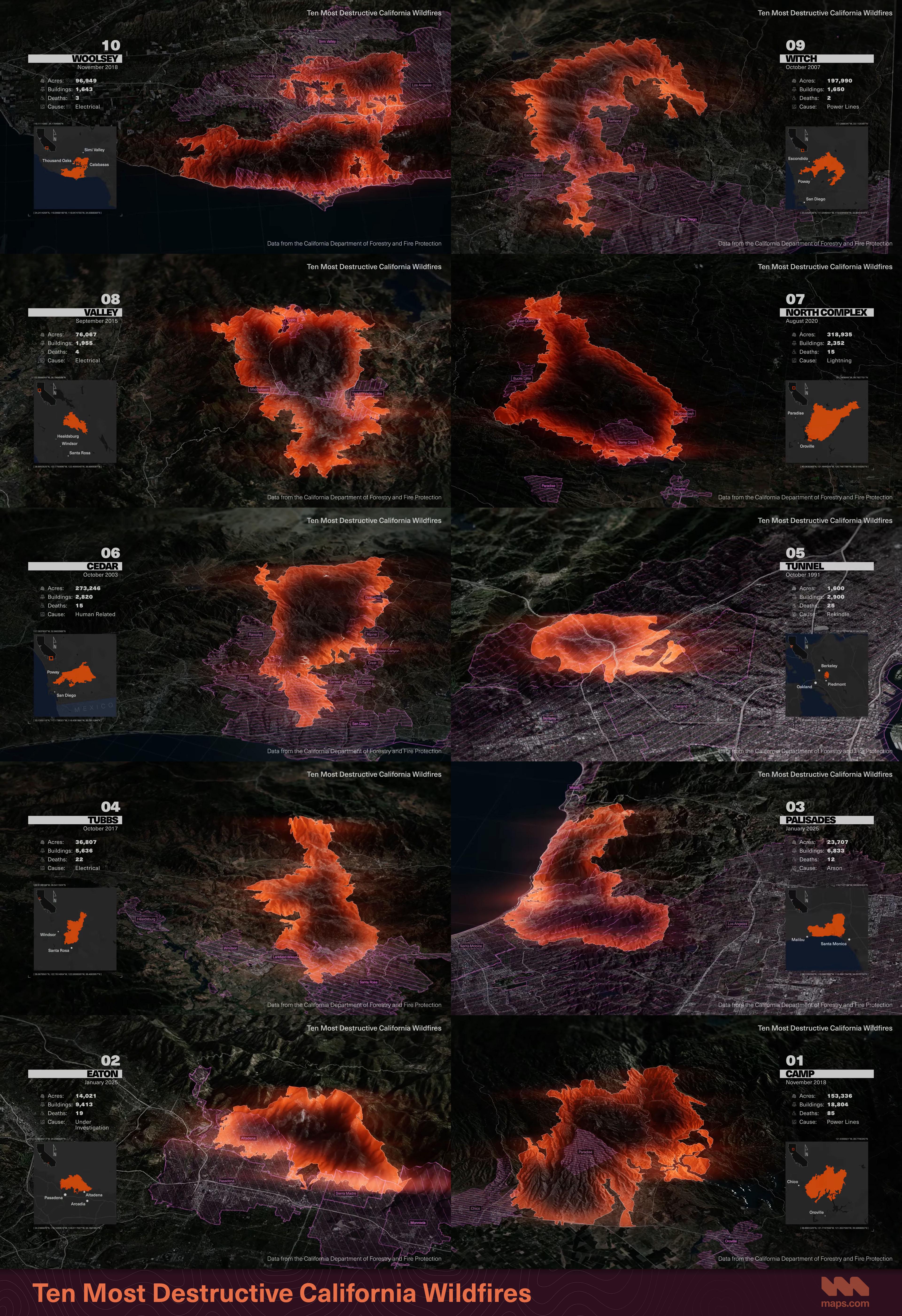Ten Most Destructive California Wildfires Map Ten Most Destructive California Wildfires Map