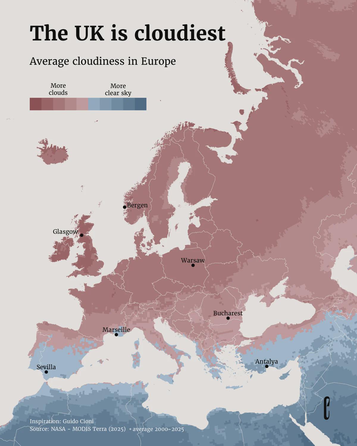 Average Cloudiness in Europe Map Average Cloudiness in Europe Map