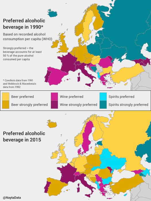 Map of Preferred Alcoholic Beverage in Europe 1990 vs 2015 Map of Preferred Alcoholic Beverage in Europe 1990 vs 2015