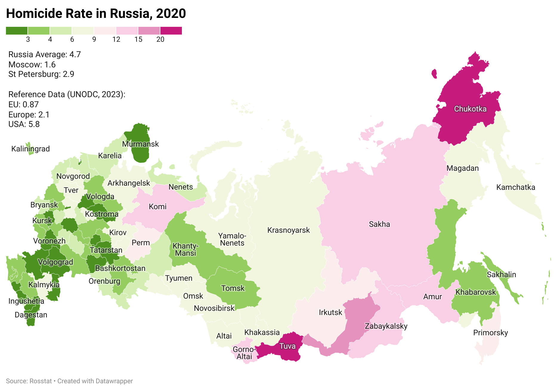 Homicide Rates in Russia by Regions Map Homicide Rates in Russia by Regions Map