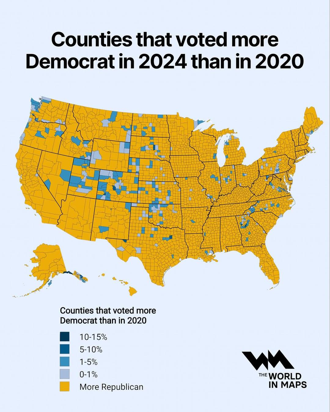Map of Counties Voting More Democrat in 2024 vs 2020 Map of Counties Voting More Democrat in 2024 vs 2020