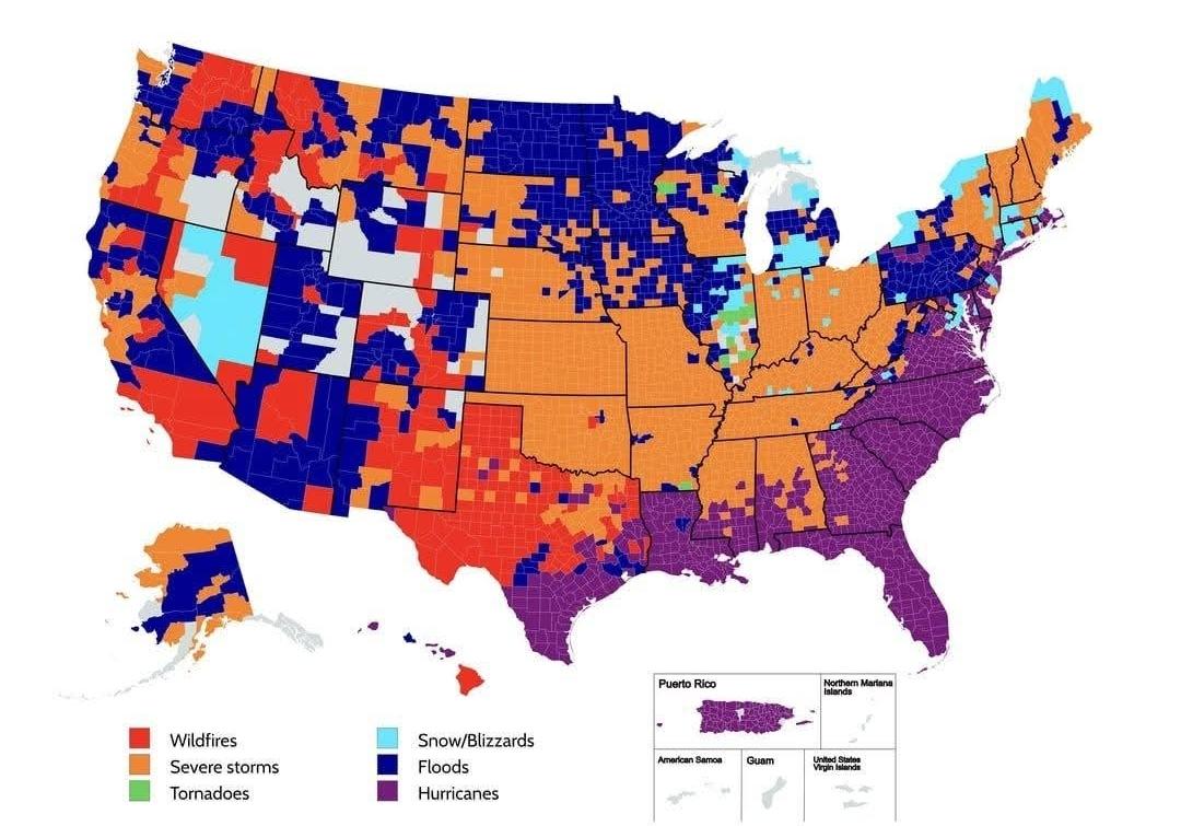 Most Frequent Natural Disasters by County Map Most Frequent Natural Disasters by County Map