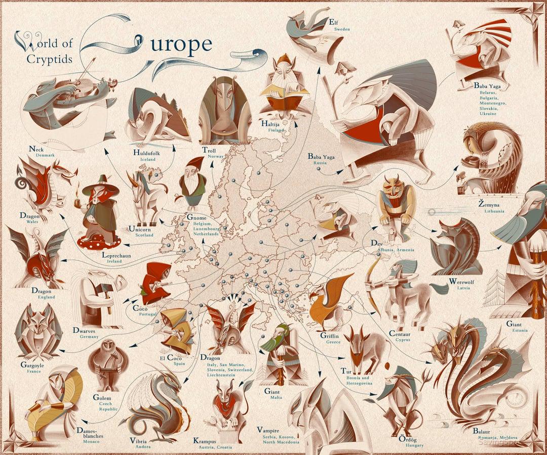 Map of Popular Mythical Creatures in Europe Map of Popular Mythical Creatures in Europe