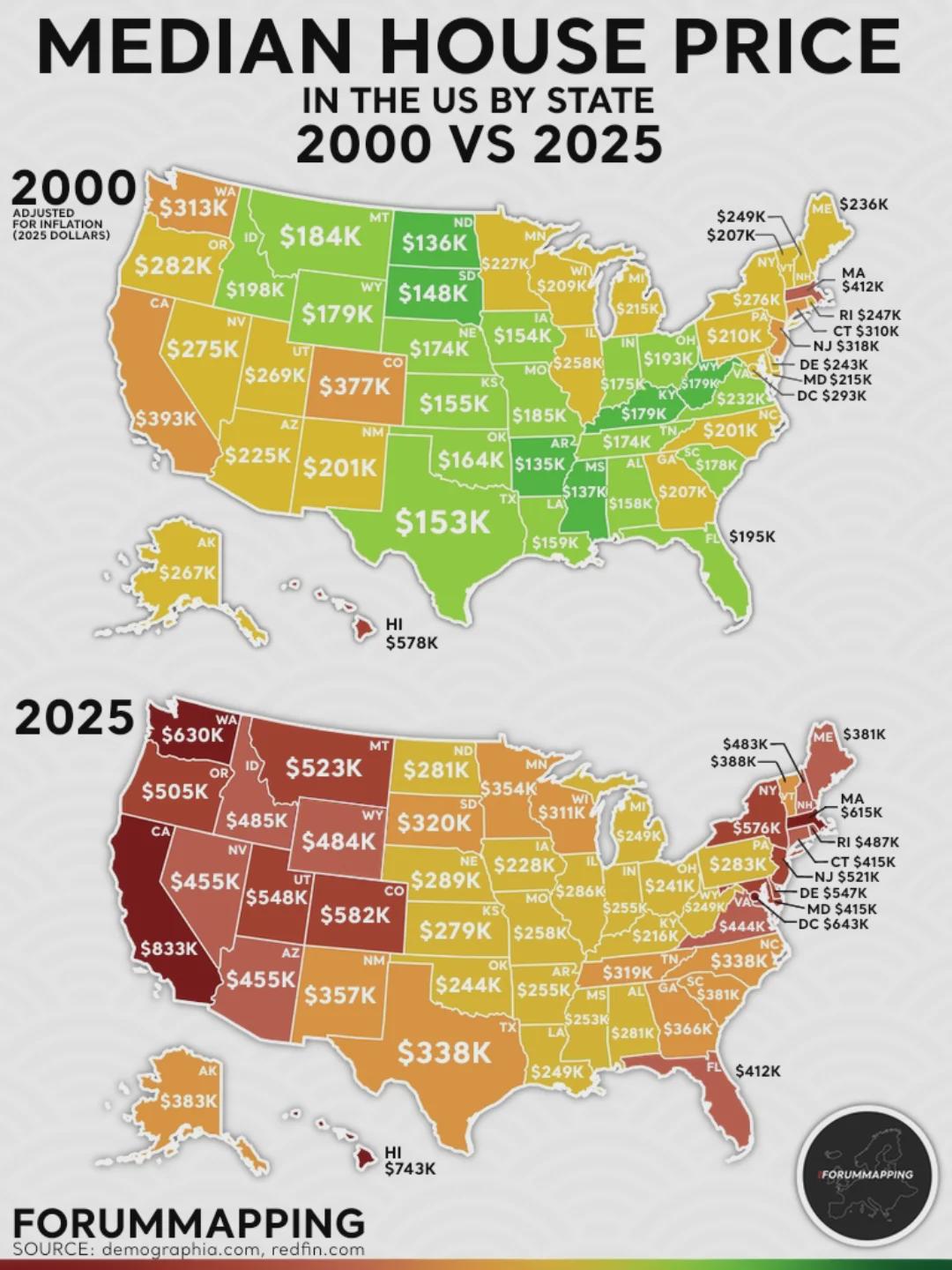 Median House Price Map in the US 2000 vs 2025 Median House Price Map in the US 2000 vs 2025