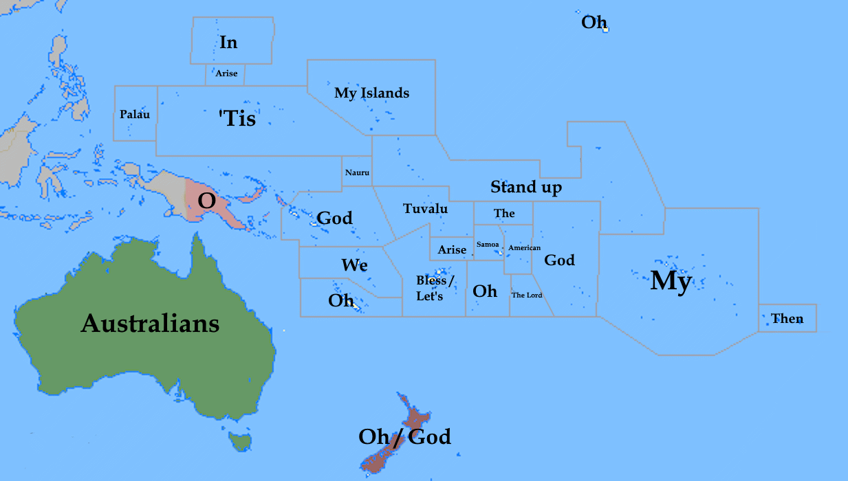 First Words of National Anthems in Oceania Map First Words of National Anthems in Oceania Map