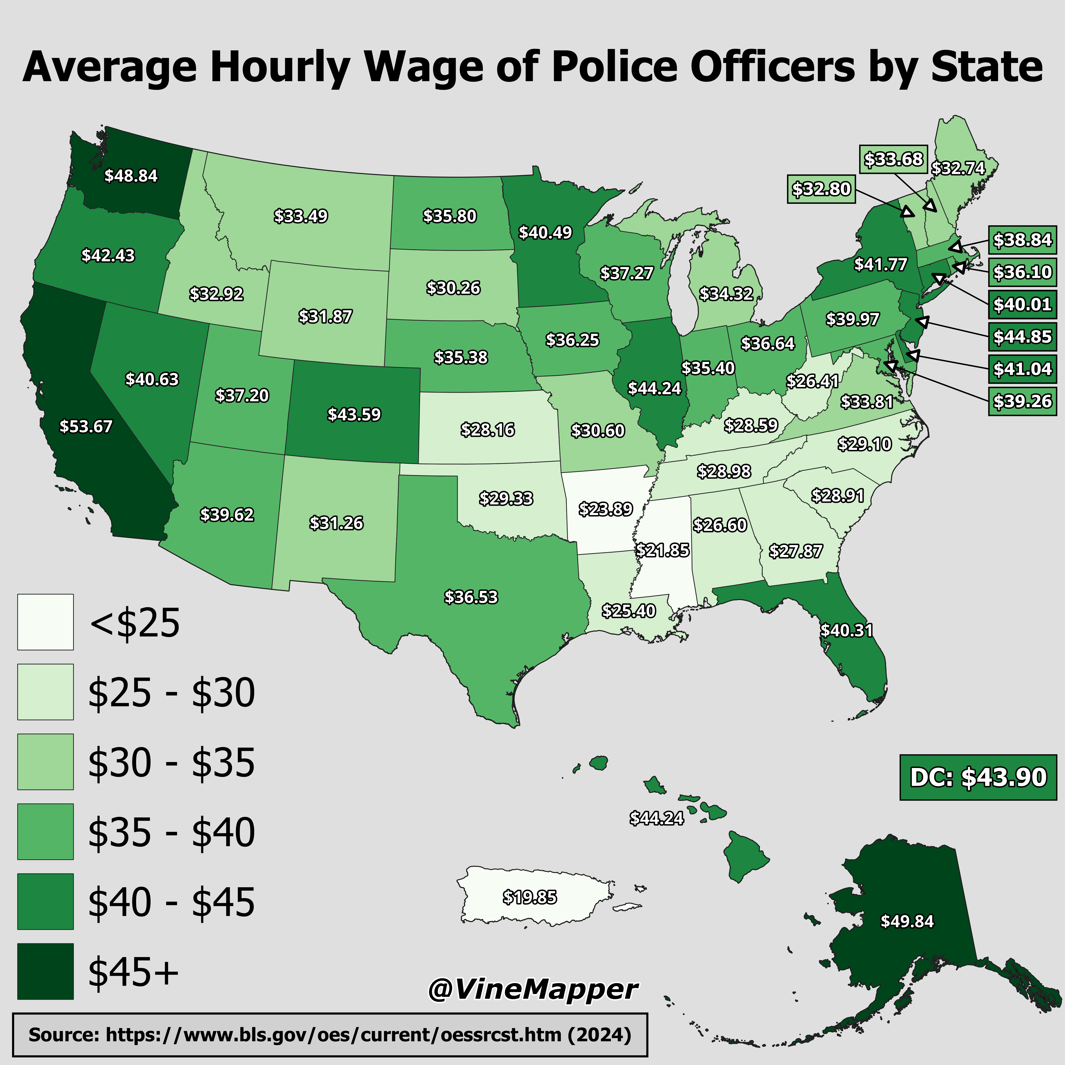 Average Hourly Wage of Police Officers by State Map Average Hourly Wage of Police Officers by State Map
