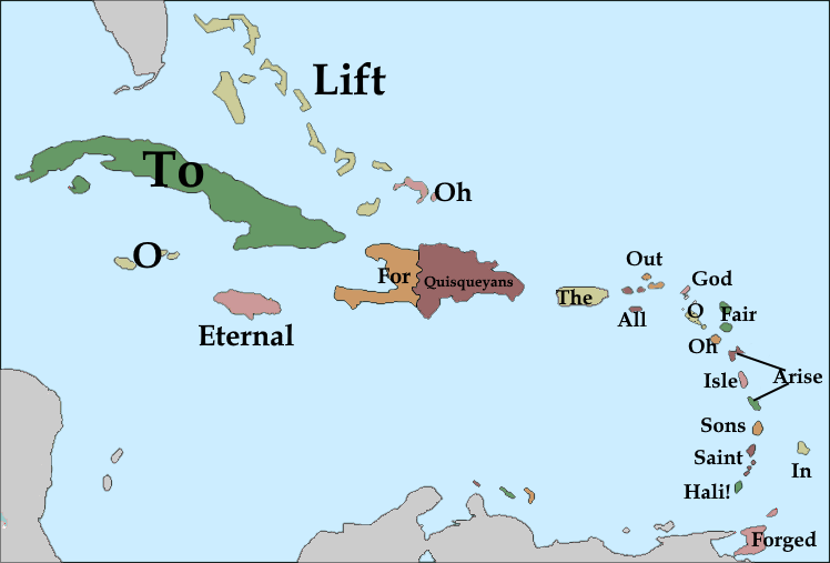 First Words of National Anthems in Caribbean Countries Map First Words of National Anthems in Caribbean Countries Map