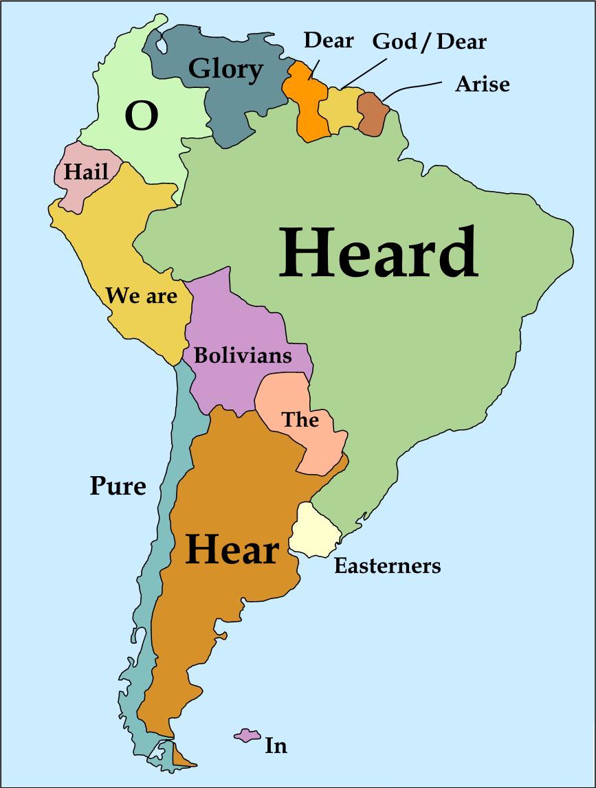 First Word of National Anthem of South American Countries Map First Word of National Anthem of South American Countries Map